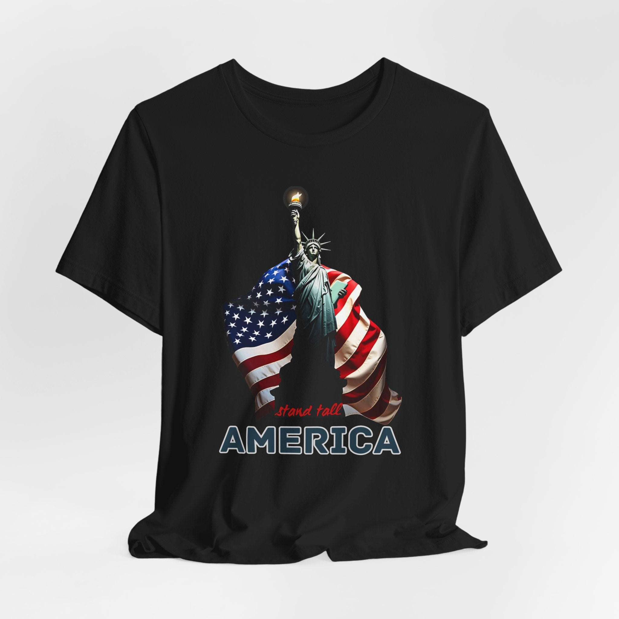 Black t-shirt with Statue of Liberty and American flag design with stand stall America on a white background