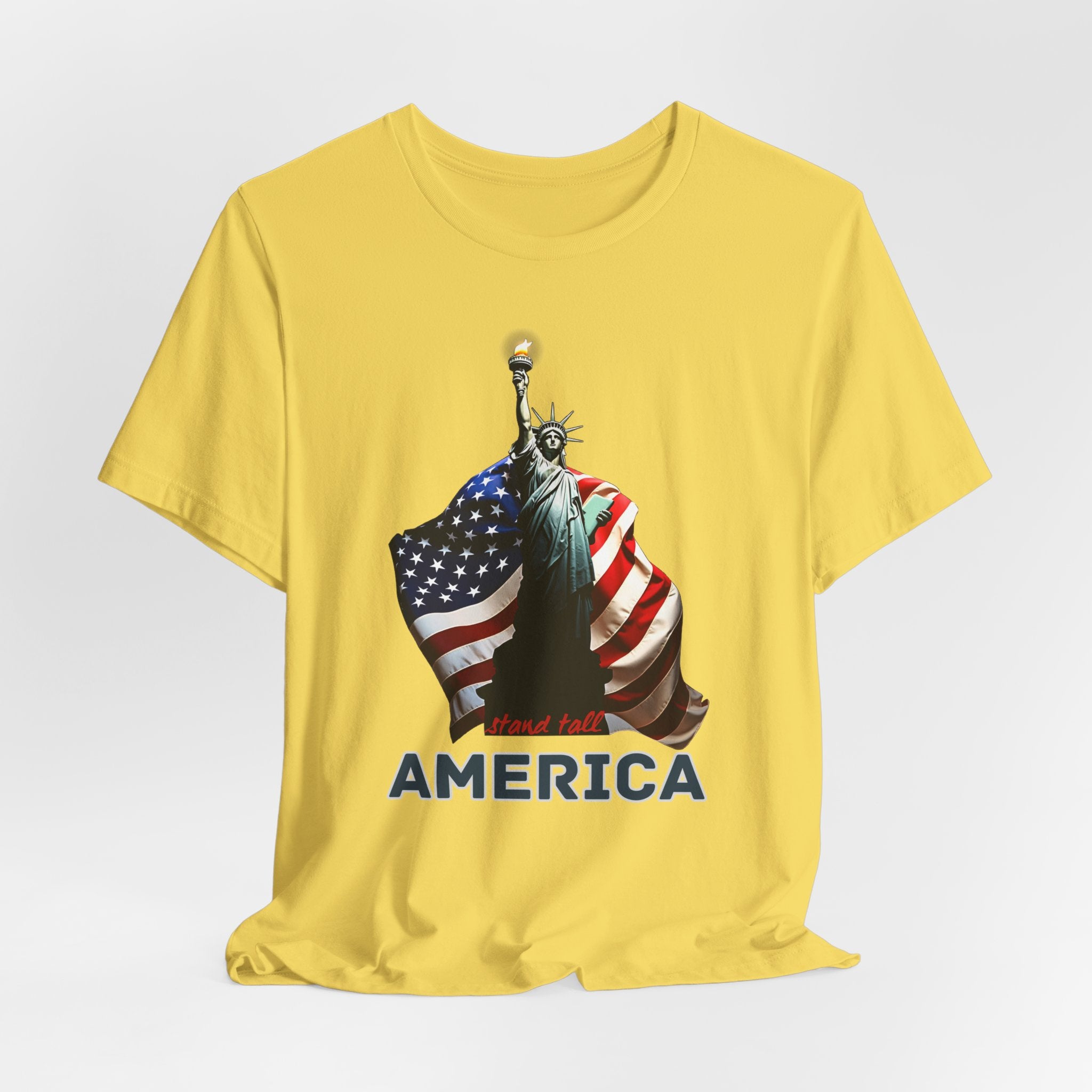 Maze yellow t-shirt with Statue of Liberty and American flag design with stand stall America on a white background