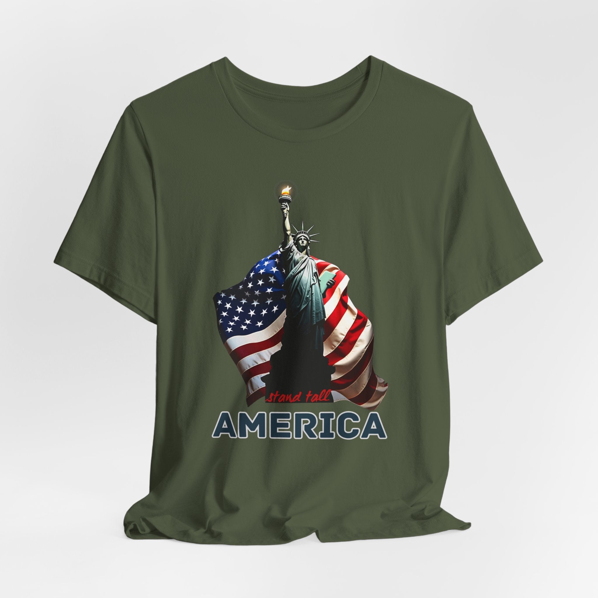 Military green t-shirt with Statue of Liberty and American flag design with stand stall America on a white background