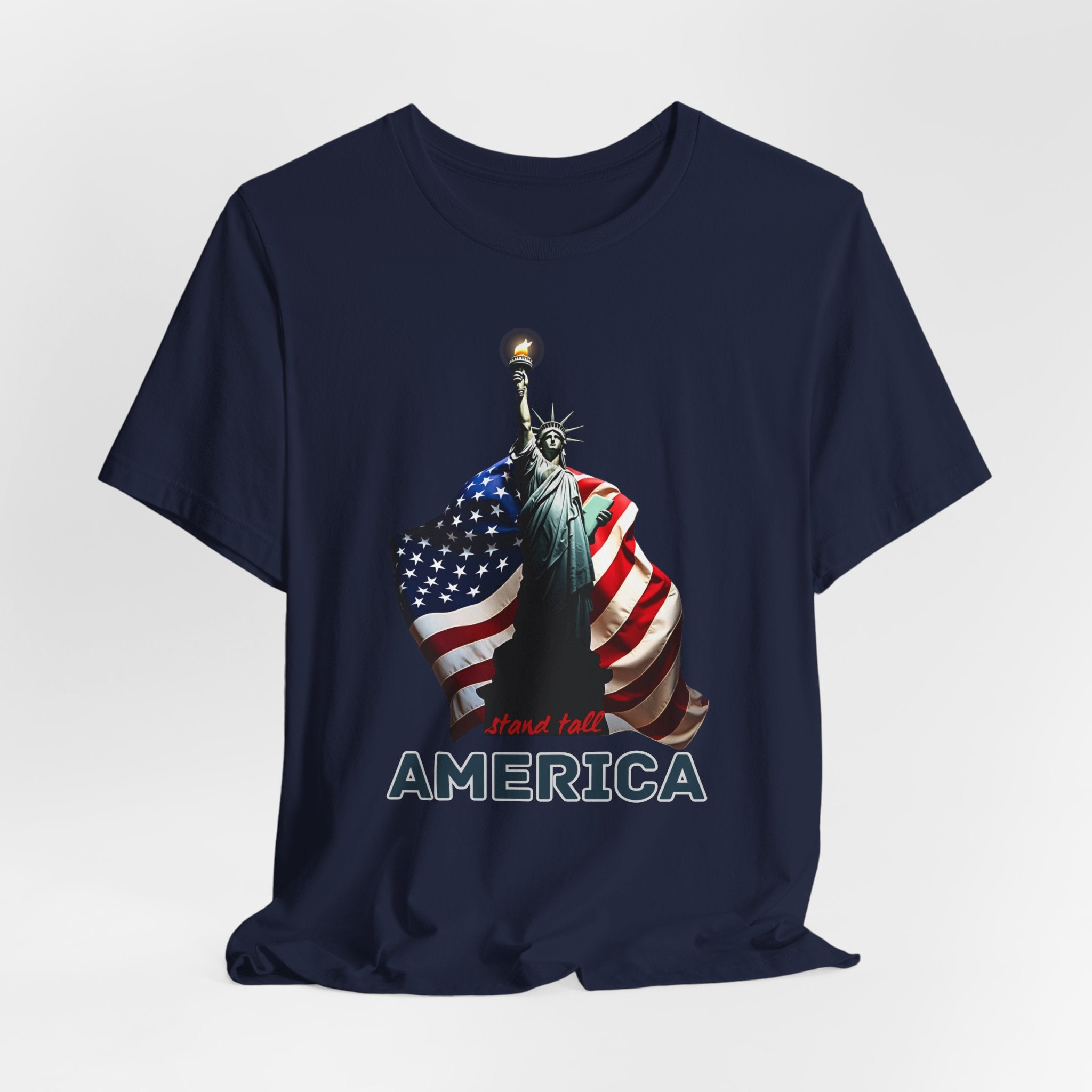 Navy blue t-shirt with Statue of Liberty and American flag design with stand stall America on a white background