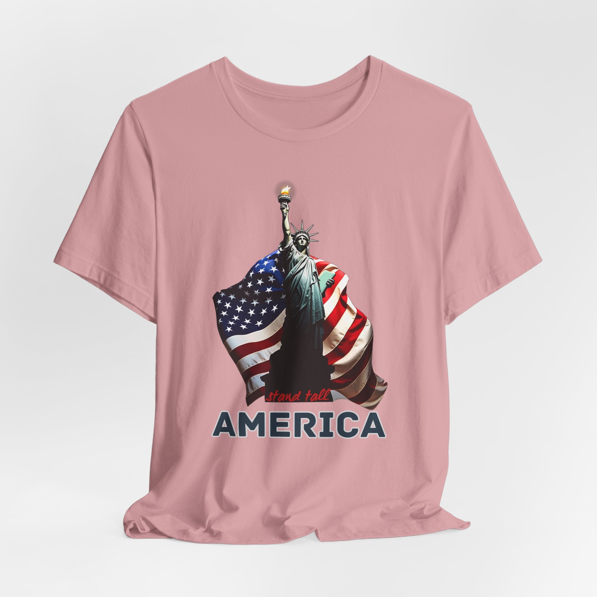 Orchid pink t-shirt with Statue of Liberty and American flag design with stand stall America on a white background