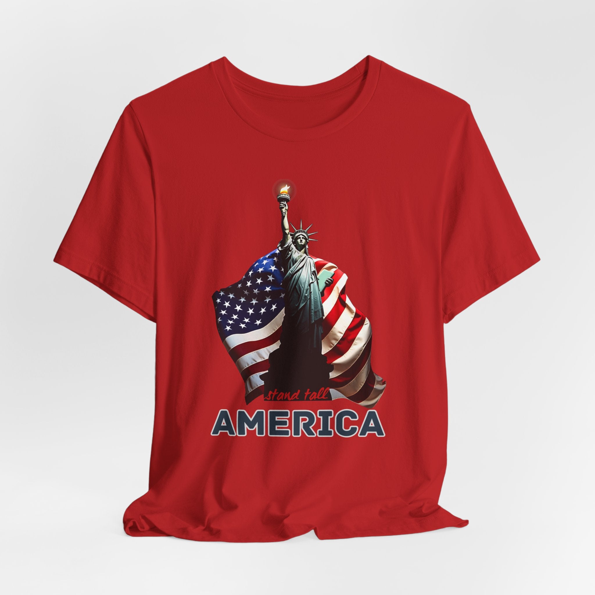 Red t-shirt with Statue of Liberty and American flag design with stand stall America on a white background