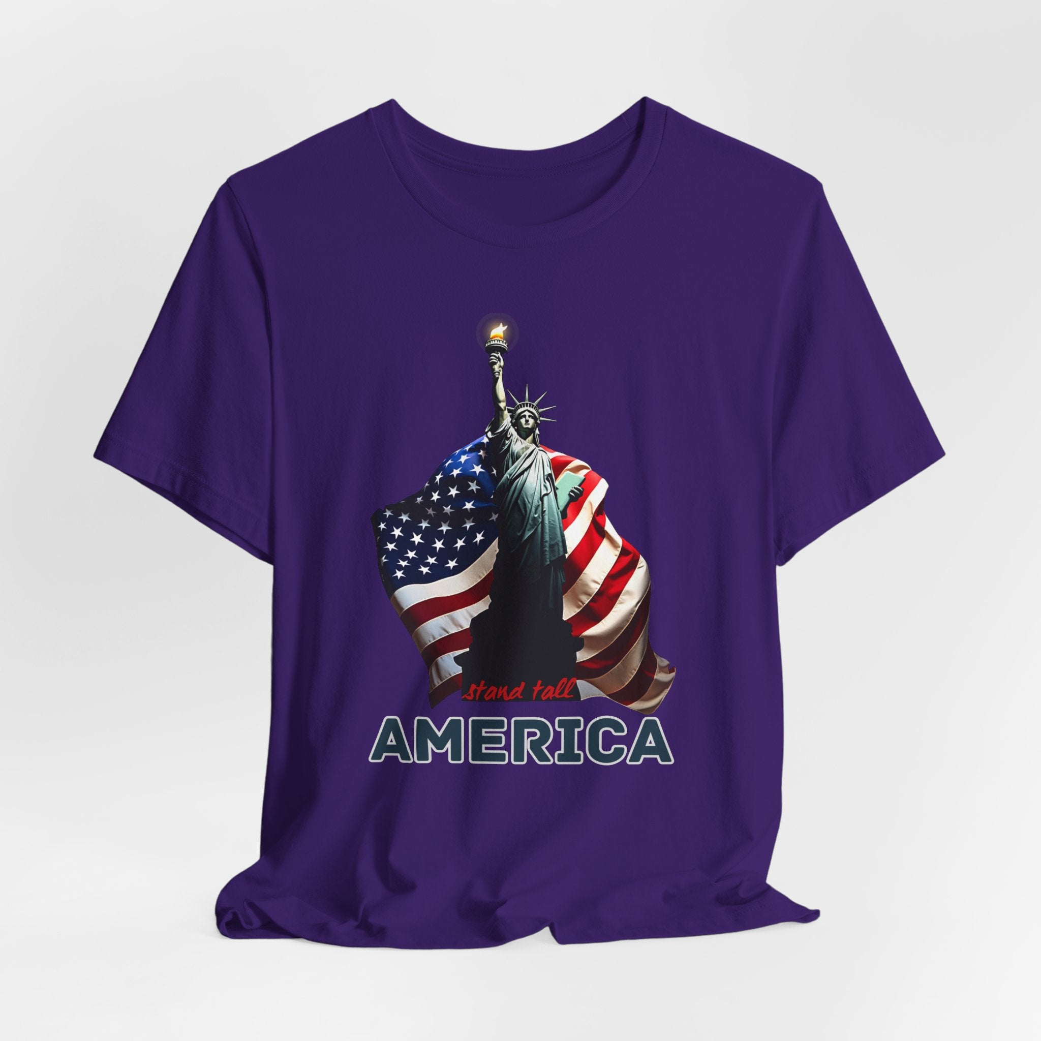 Team purple t-shirt with Statue of Liberty and American flag design with stand stall America on a white background