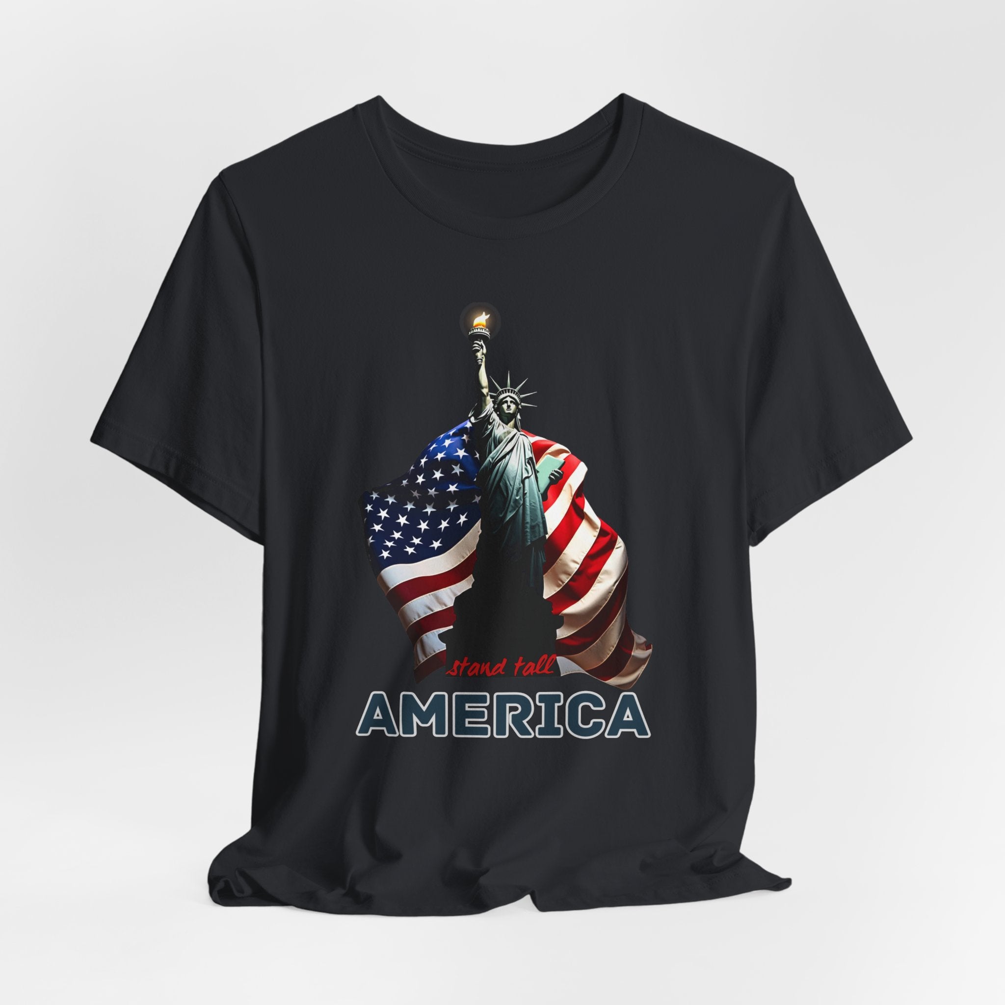Vintage black t-shirt with Statue of Liberty and American flag design with stand stall America on a white background