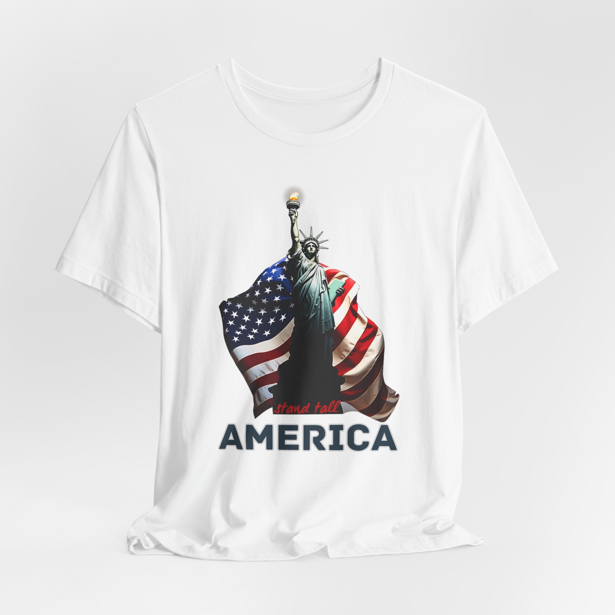 White t-shirt with Statue of Liberty and American flag design with stand stall America on a white background