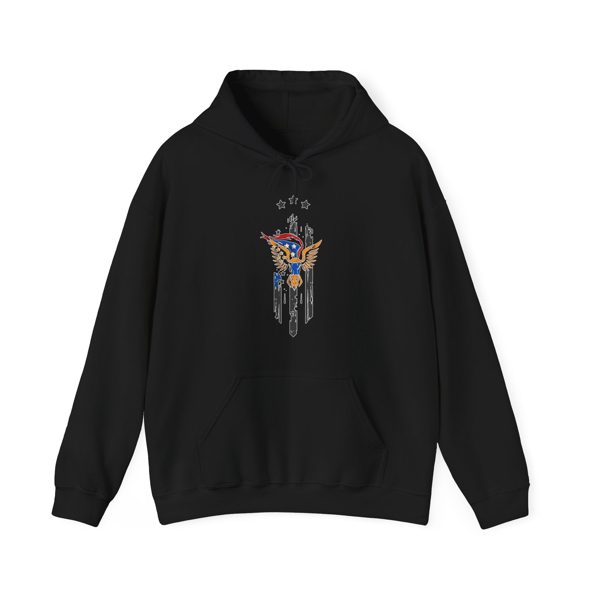 Black hoodie with a graphic design of bull and wing with stars on a white background