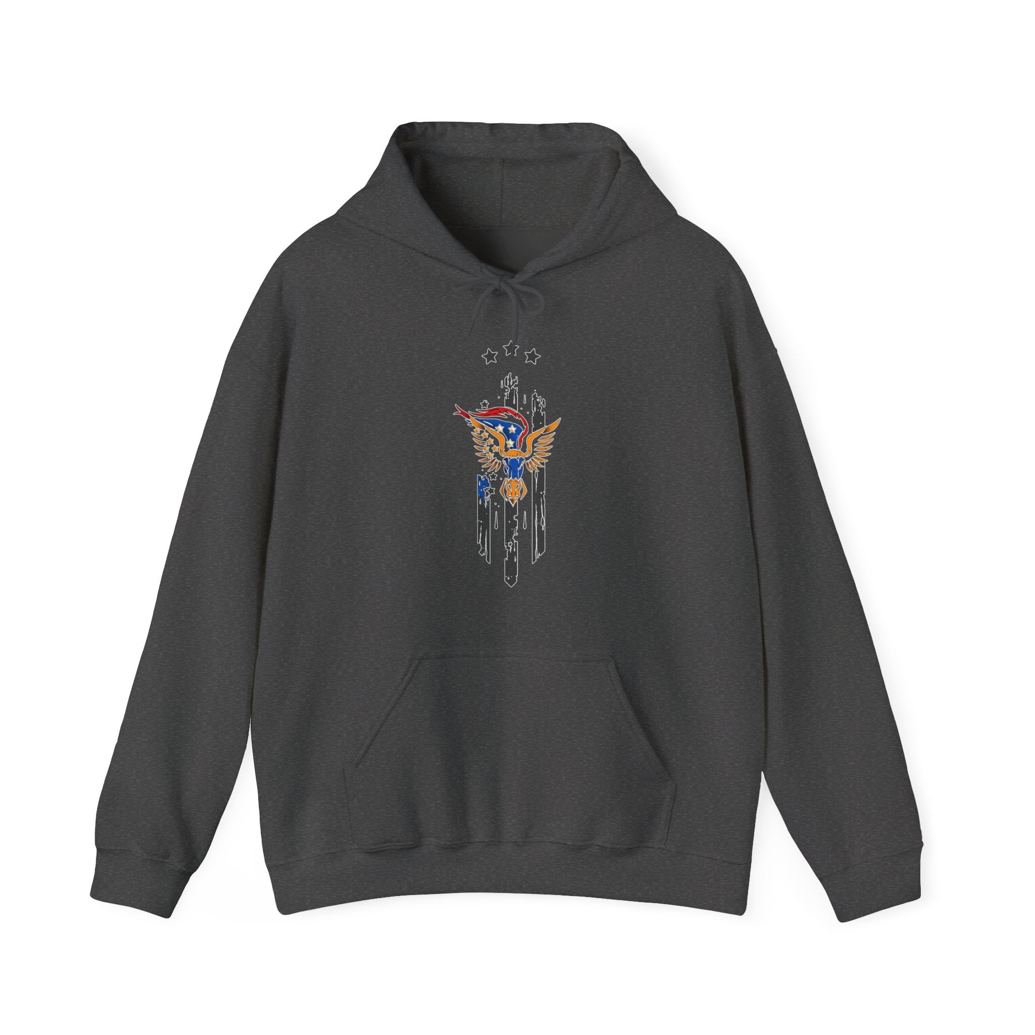 Dark gray hoodie with a graphic design of bull and wing with stars on a white background