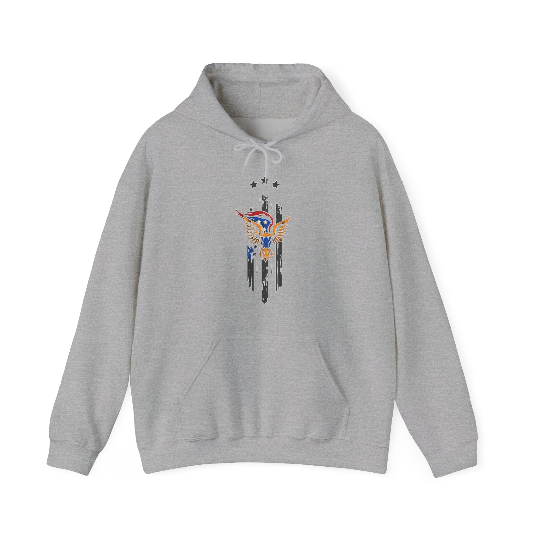 Gray hoodie with a graphic design of bull and wing with stars on a white background