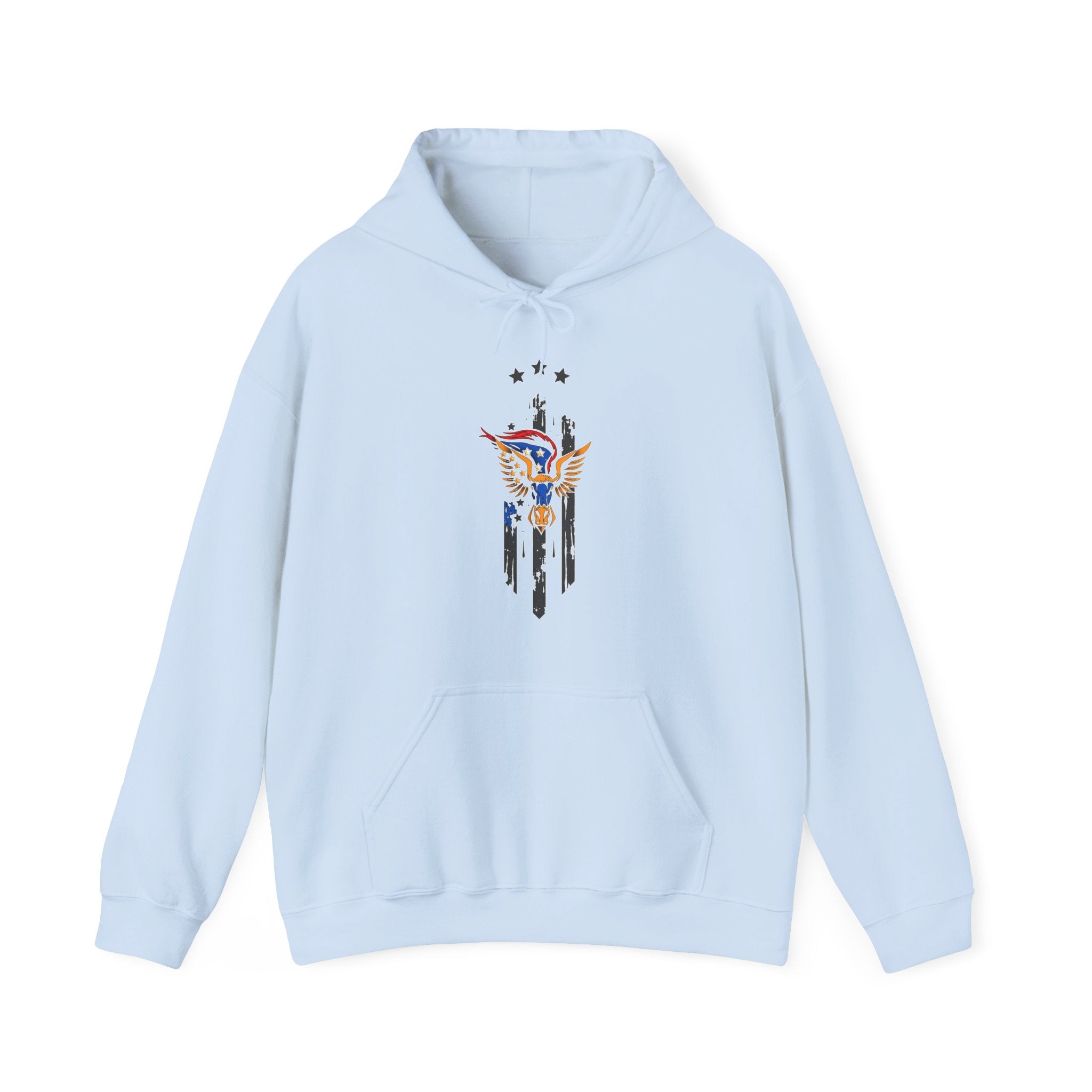 Light blue hoodie with a graphic design of bull and wing with stars on a white background