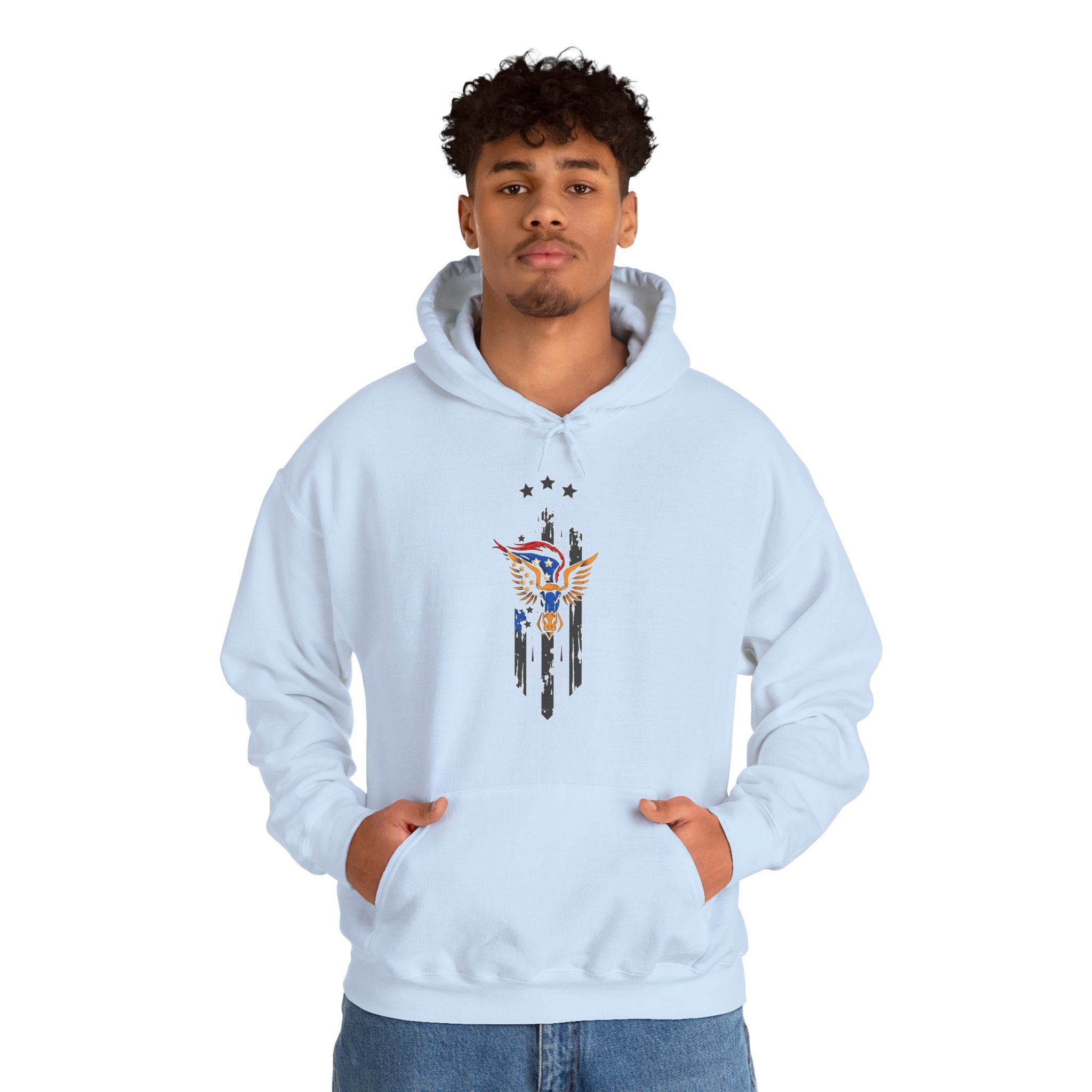 Person wearing a light blue hoodie with a graphic design of bull and wing with stars on a white background