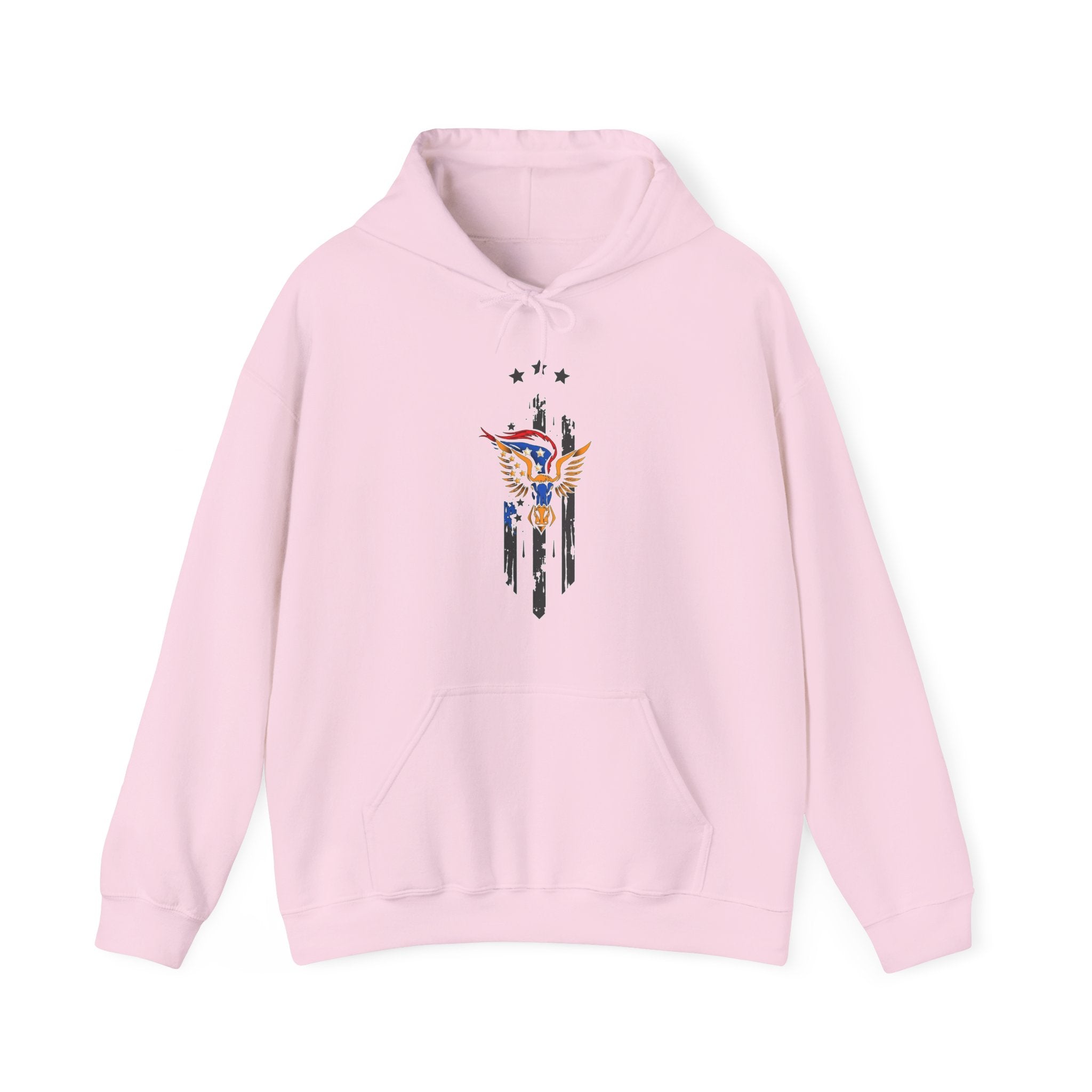 Pink hoodie with a graphic design of bull and wing with stars on a white background