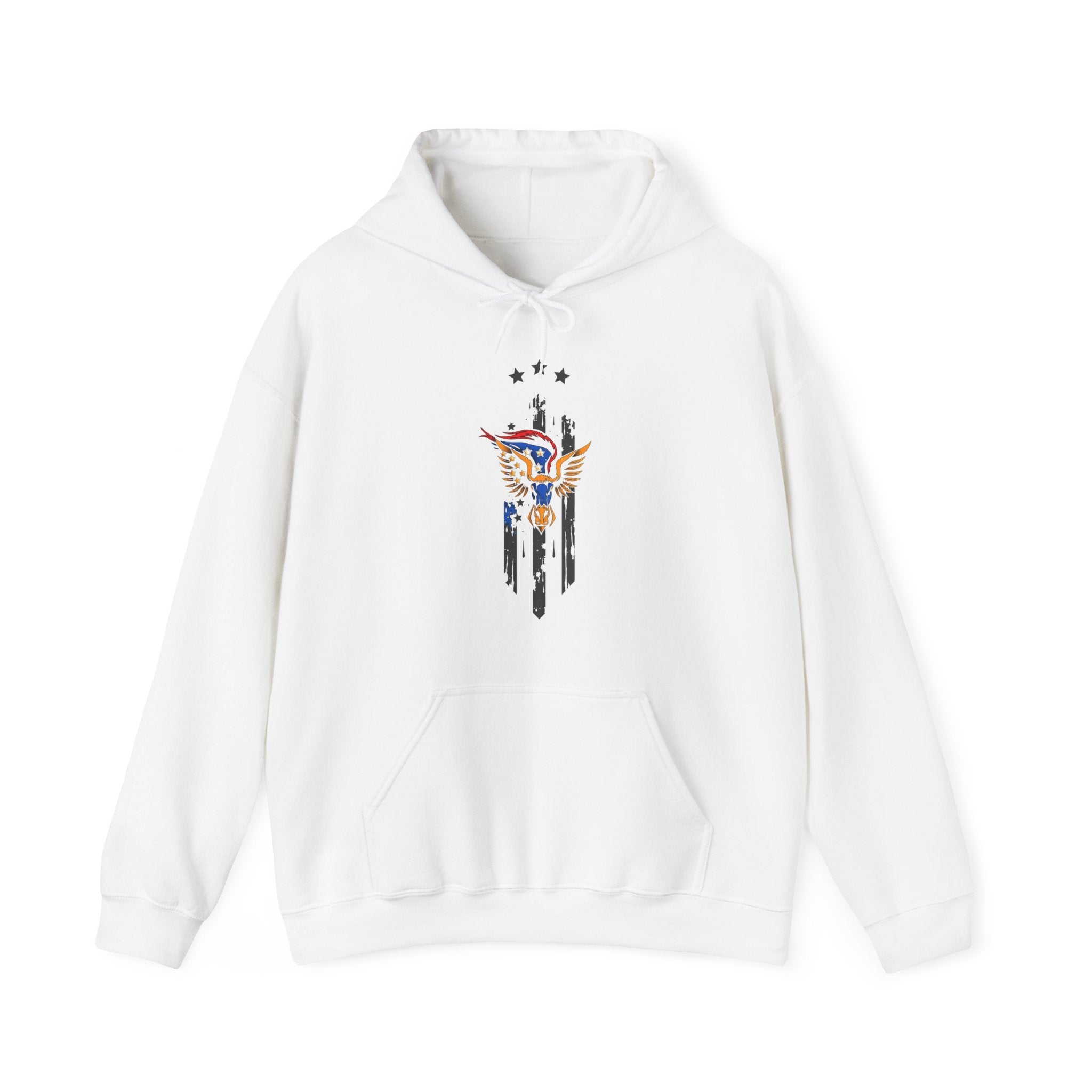 White hoodie with a graphic design of bull and wing with stars on a white background