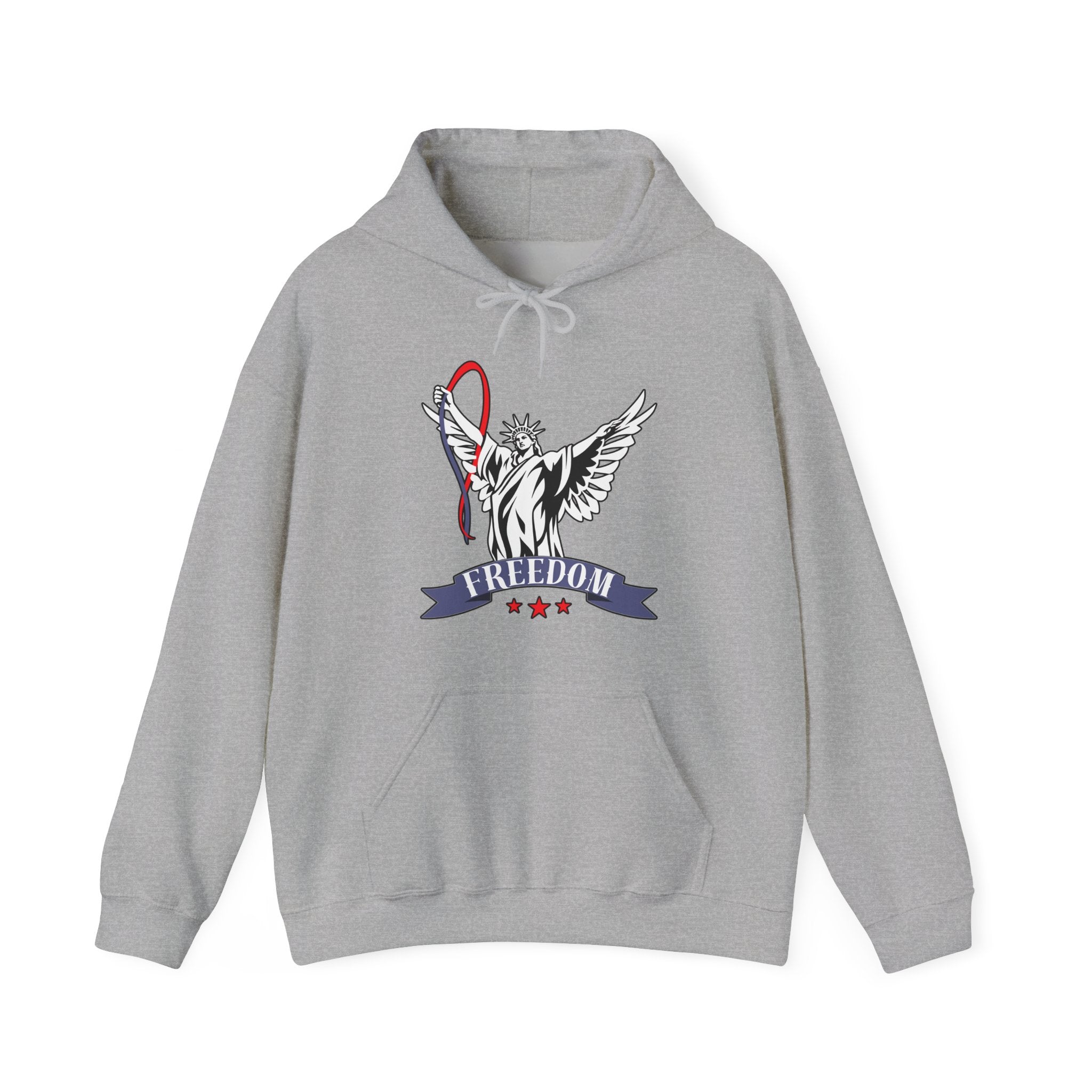 Gray hoodie with a graphic of statue of liberty with wings design and freedom text on a white background