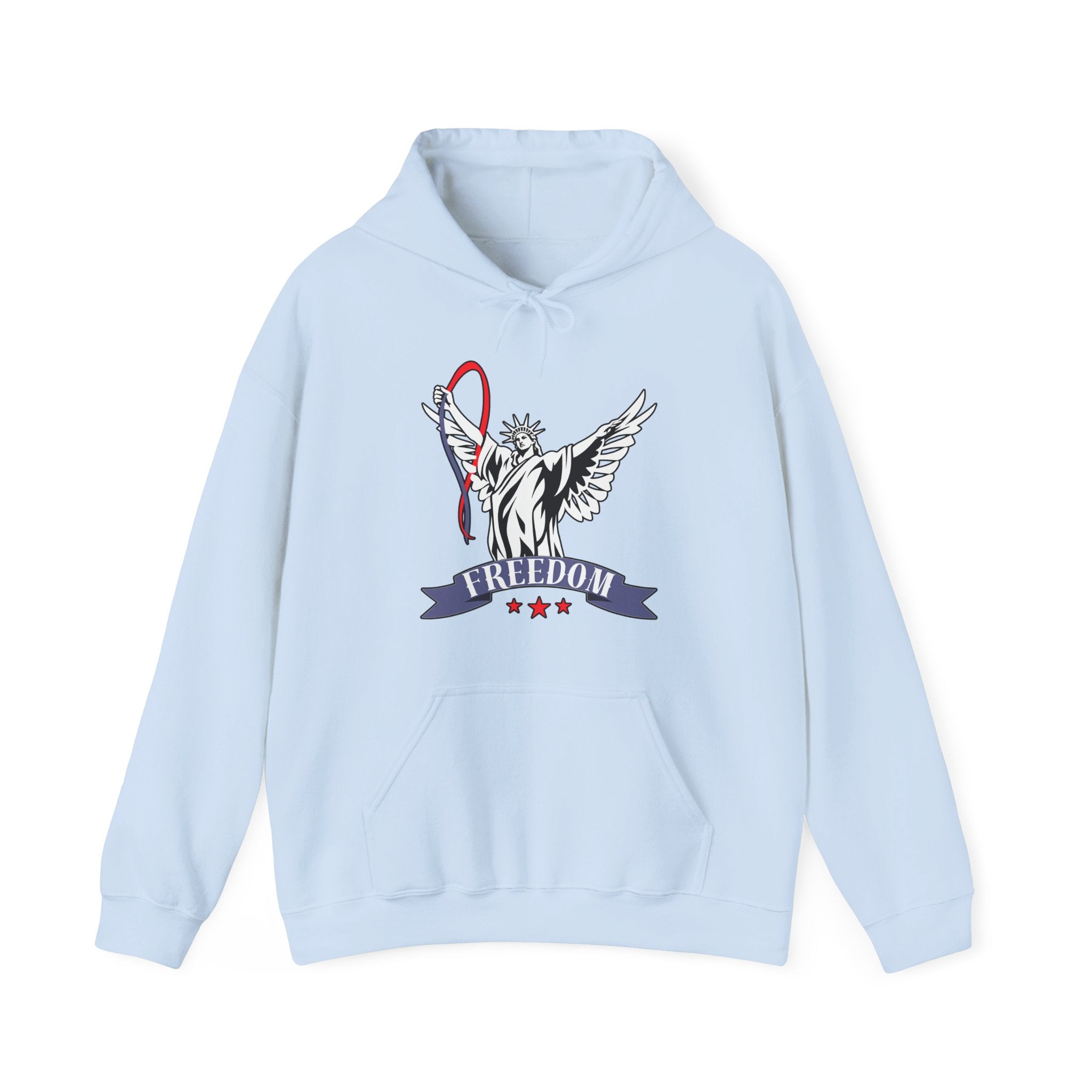 Light blue hoodie with a graphic of statue of liberty with wings design and freedom text on a white background