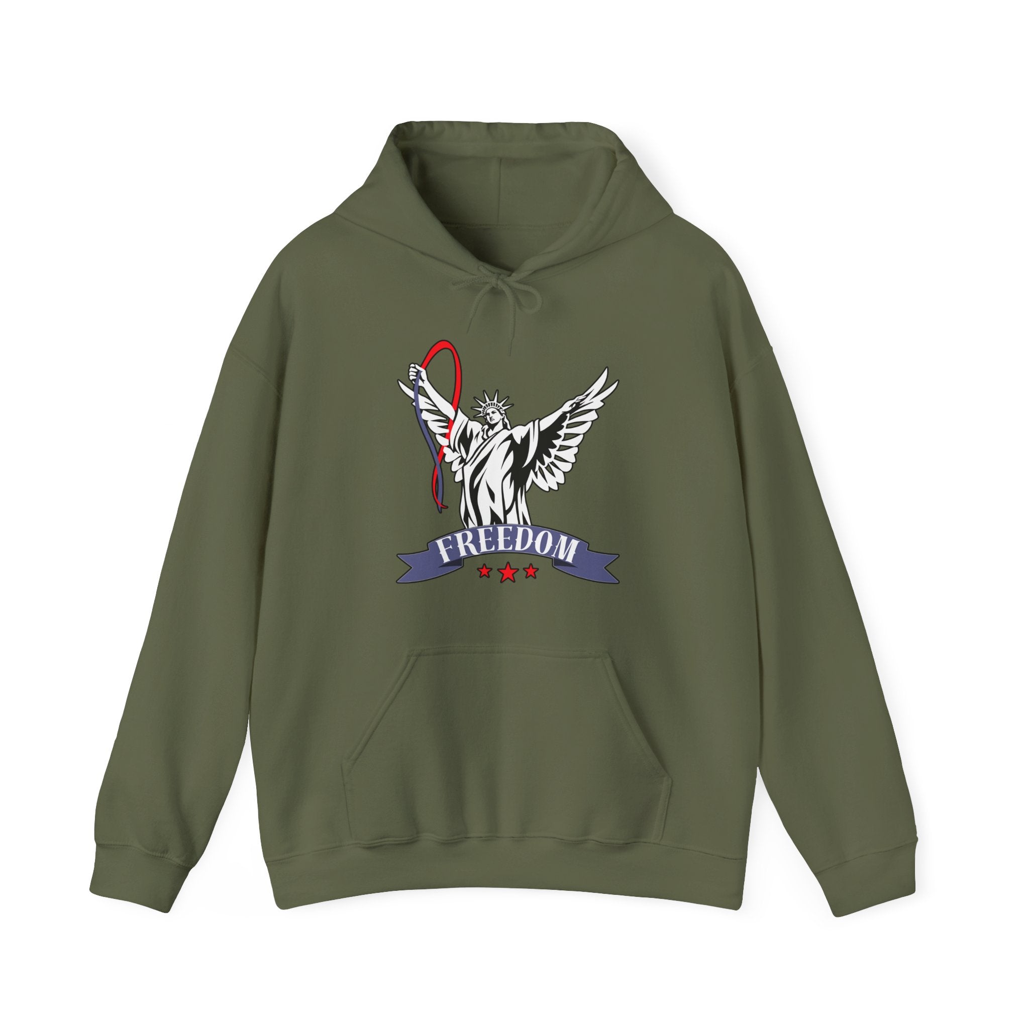 Military green hoodie with a graphic of statue of liberty with wings design and freedom text on a white background