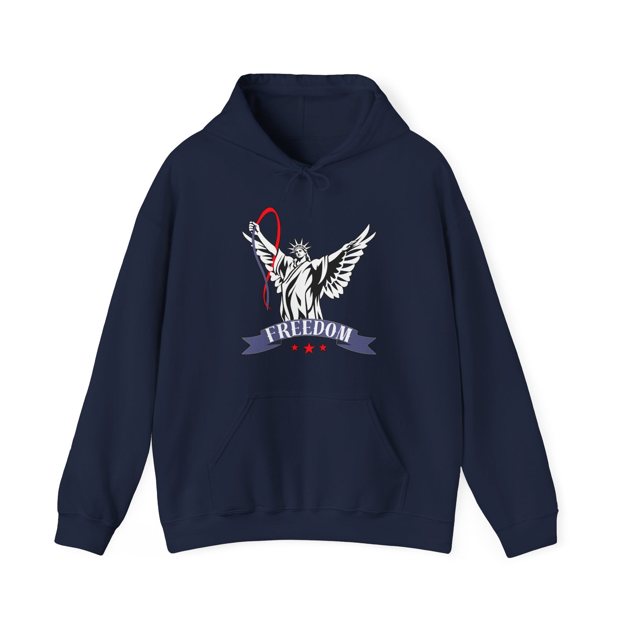 Navy blue hoodie with a graphic of statue of liberty with wings design and freedom text on a white background