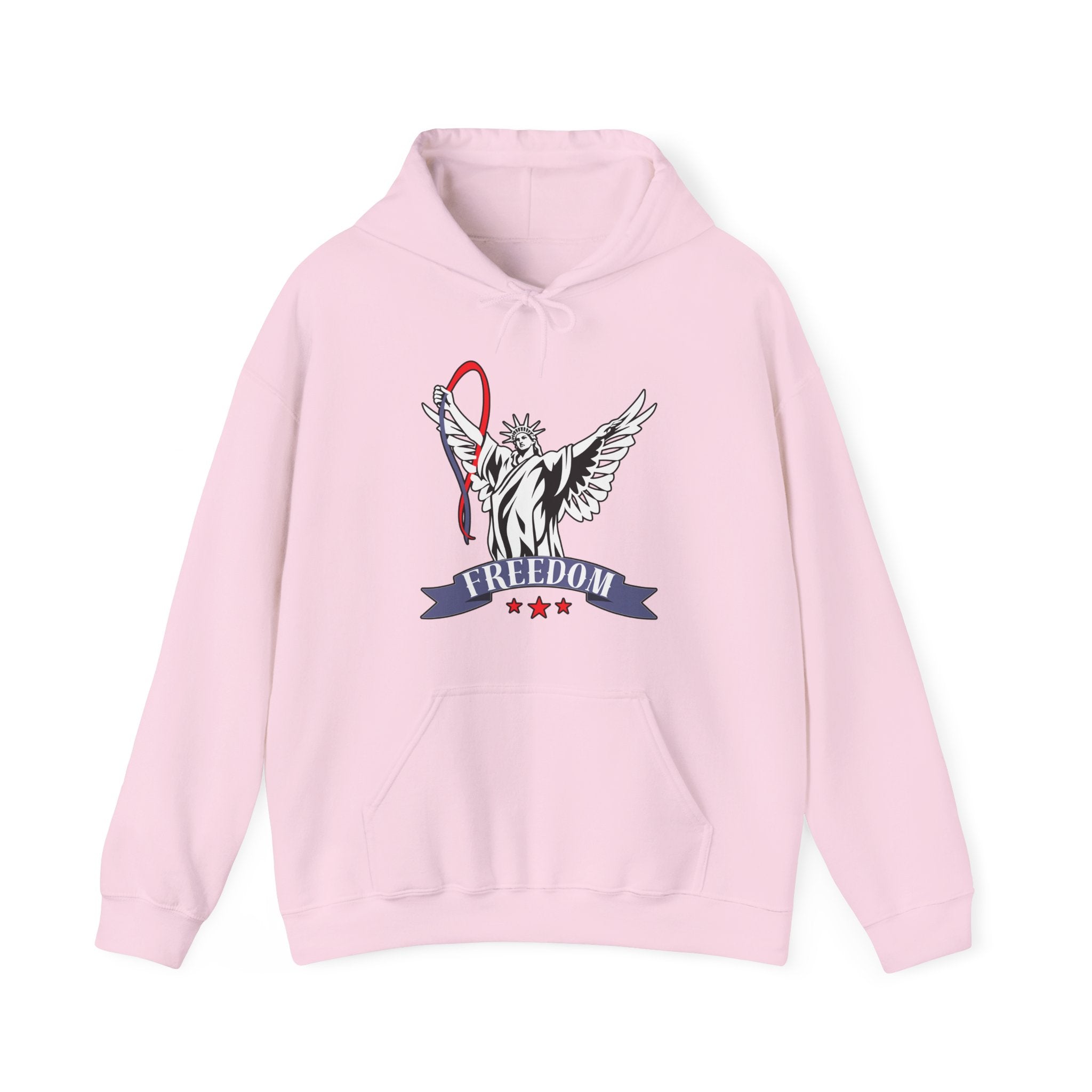 Pink hoodie with a graphic of statue of liberty with wings design and freedom text on a white background