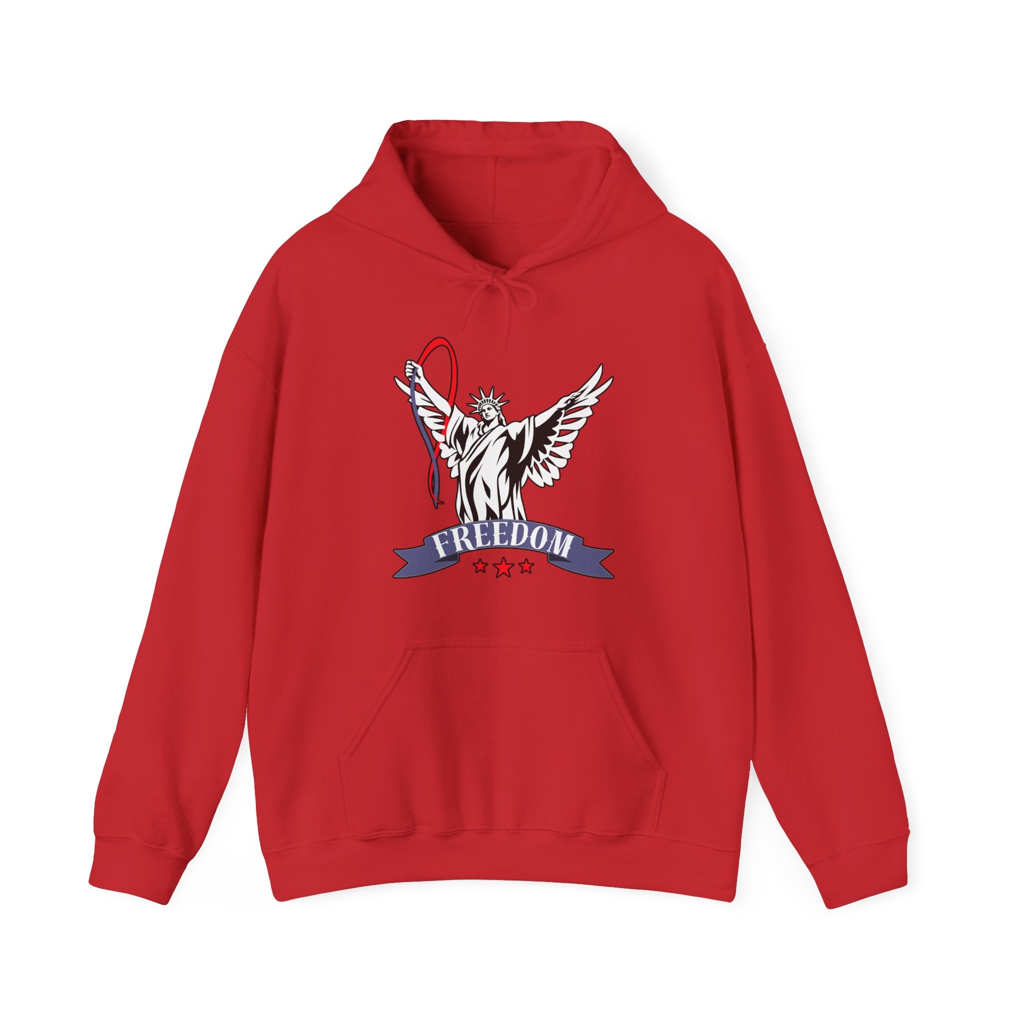 Red hoodie with a graphic of statue of liberty with wings design and freedom text on a white background