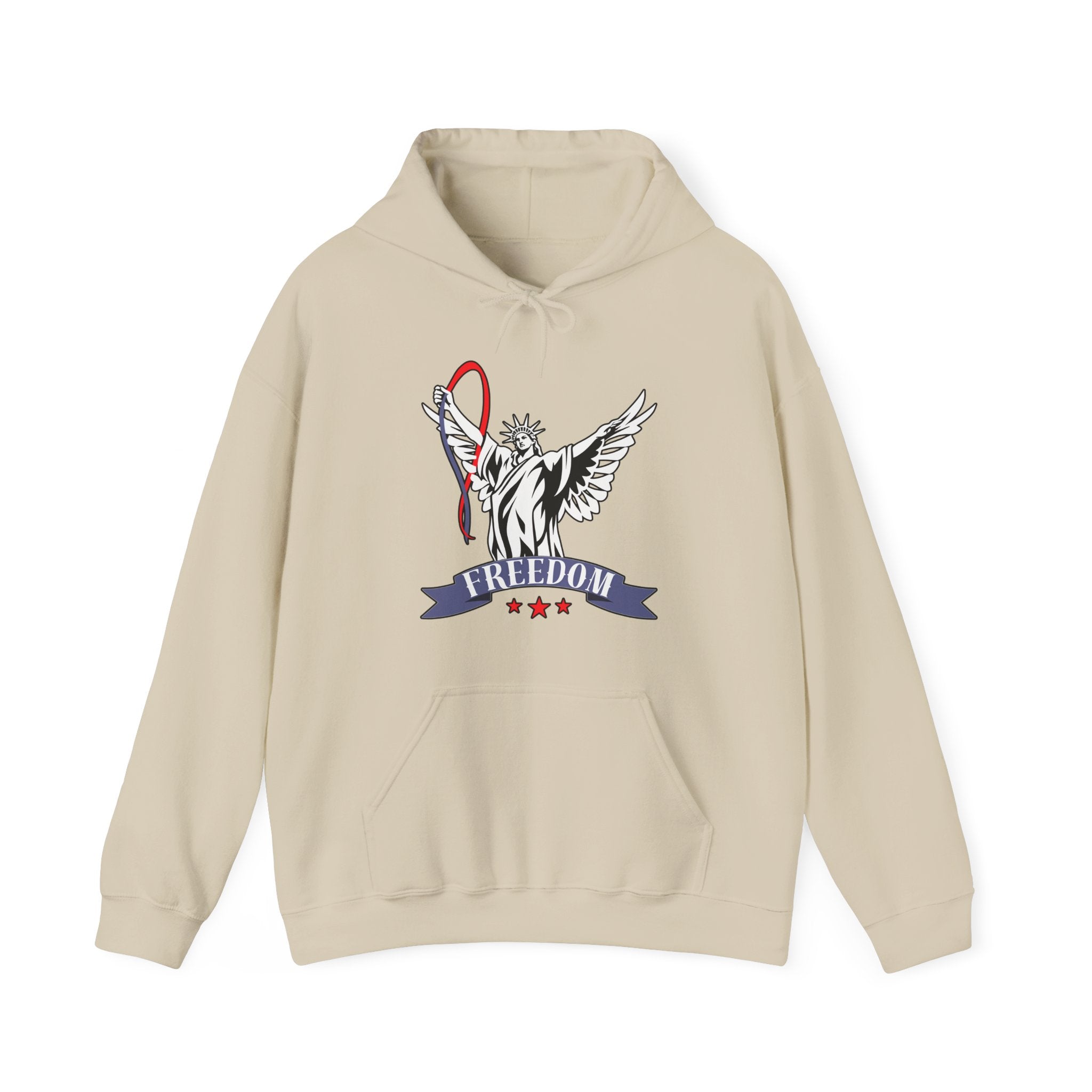 Beige hoodie with a graphic of statue of liberty with wings design and freedom text on a white background