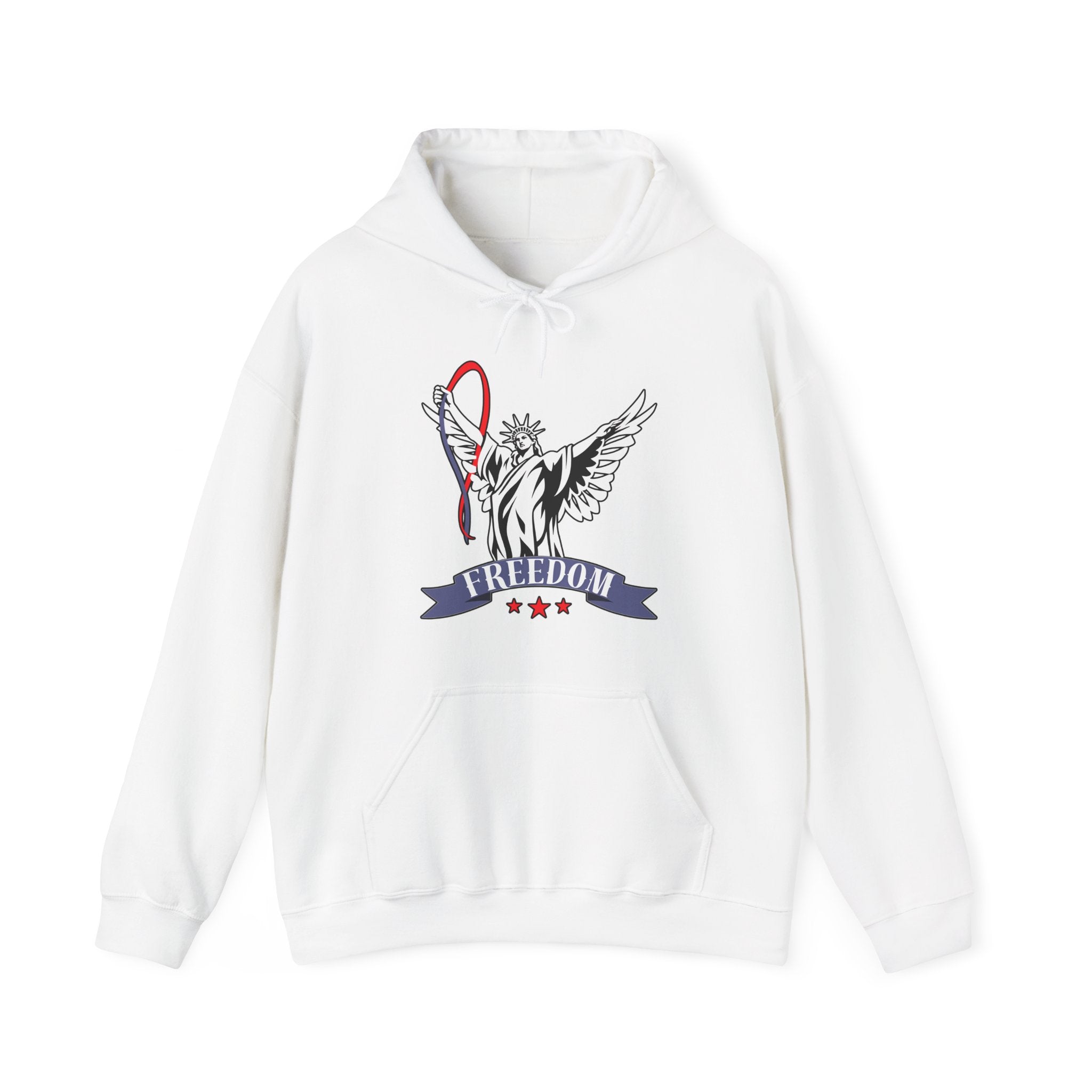 White hoodie with a graphic of statue of liberty with wings design and freedom text on a white background