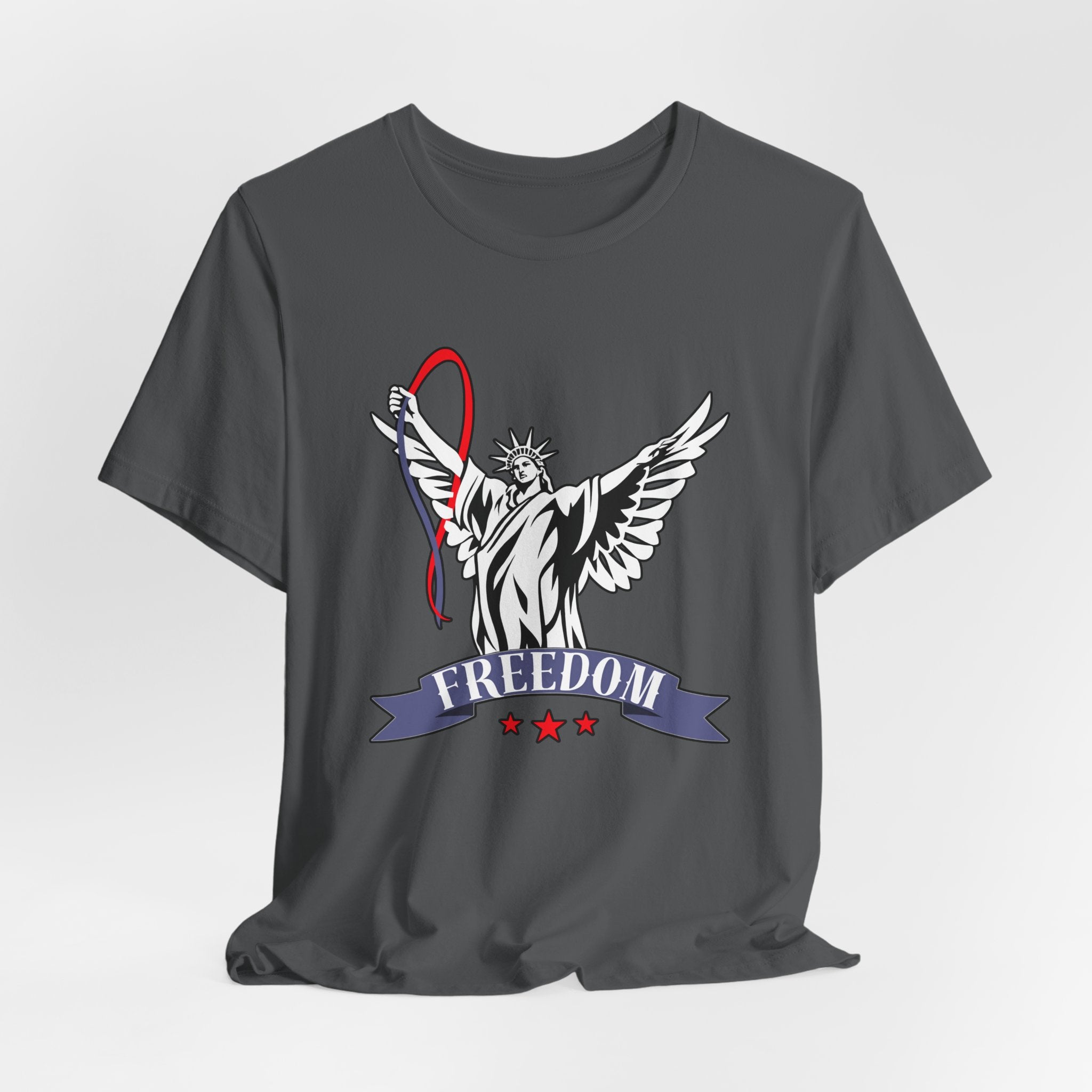 Asphalt gray t-shirt with a graphic design of the Statue of Liberty holding a banner with 'Freedom' on a light gray background.