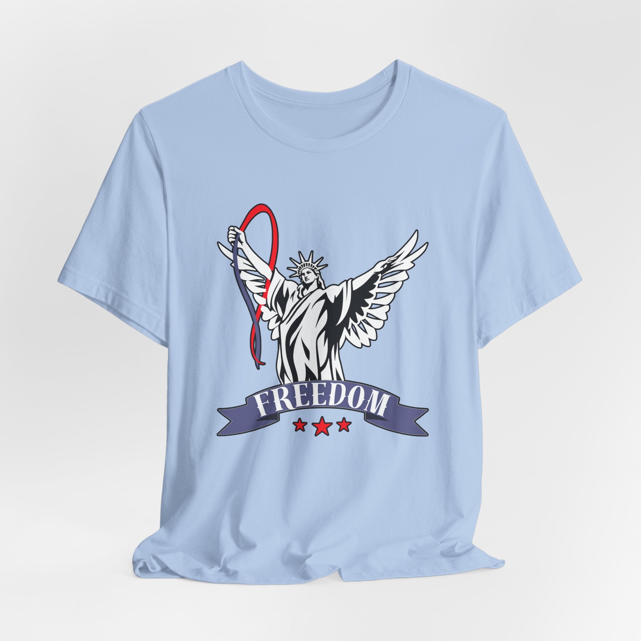 Baby light blue t-shirt with a graphic design of the Statue of Liberty holding a banner with 'Freedom' on a light gray background.