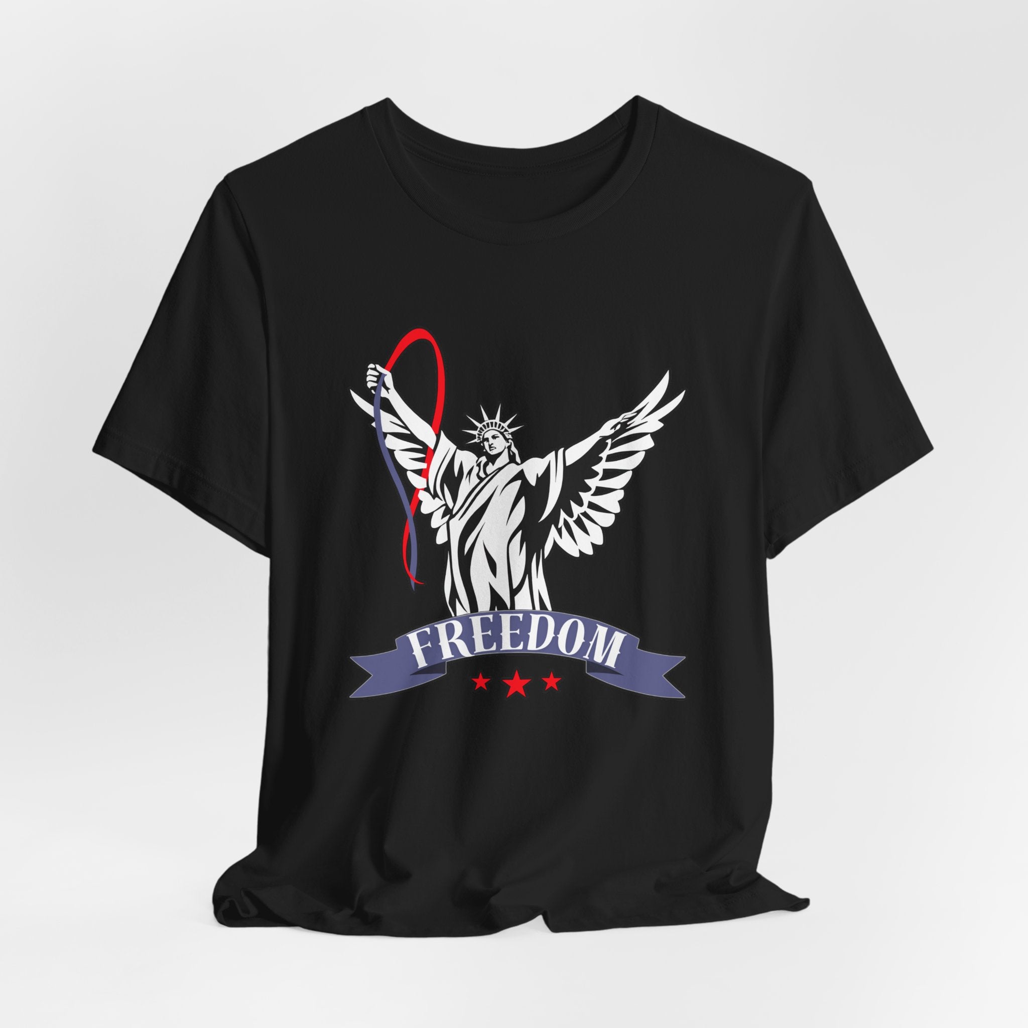 Black t-shirt with a graphic design of the Statue of Liberty holding a banner with 'Freedom' on a light gray background.