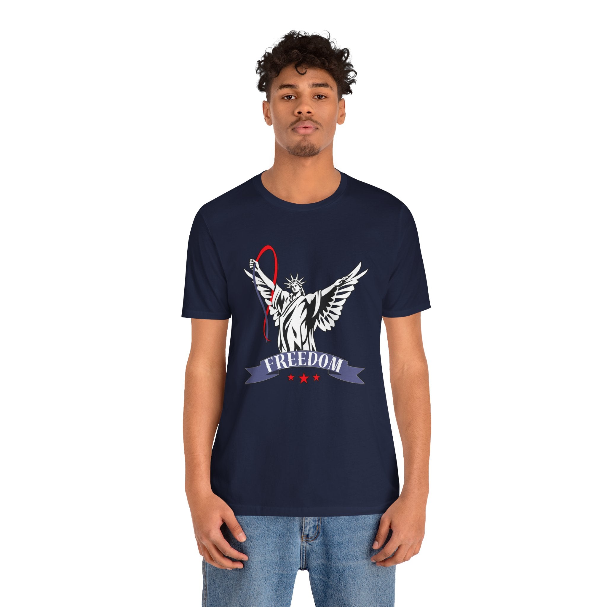 Person wearing a navy blue t-shirt with a graphic design on a white background