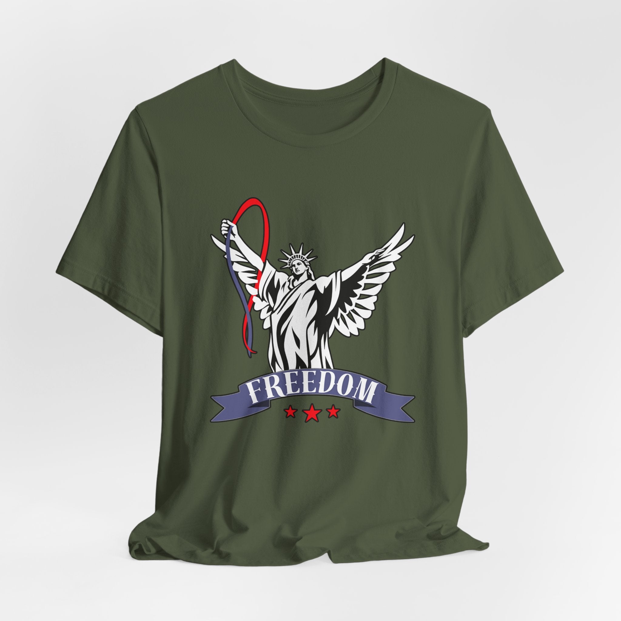 Military green t-shirt with a graphic design of the Statue of Liberty holding a banner with 'Freedom' on a light gray background.