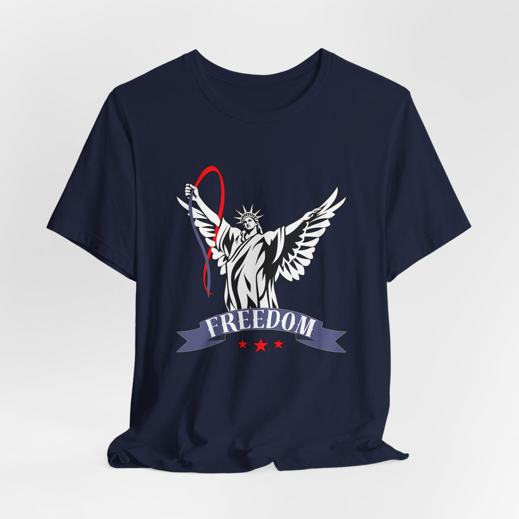 Navy blue t-shirt with a graphic design of the Statue of Liberty holding a banner with 'Freedom' on a light gray background.