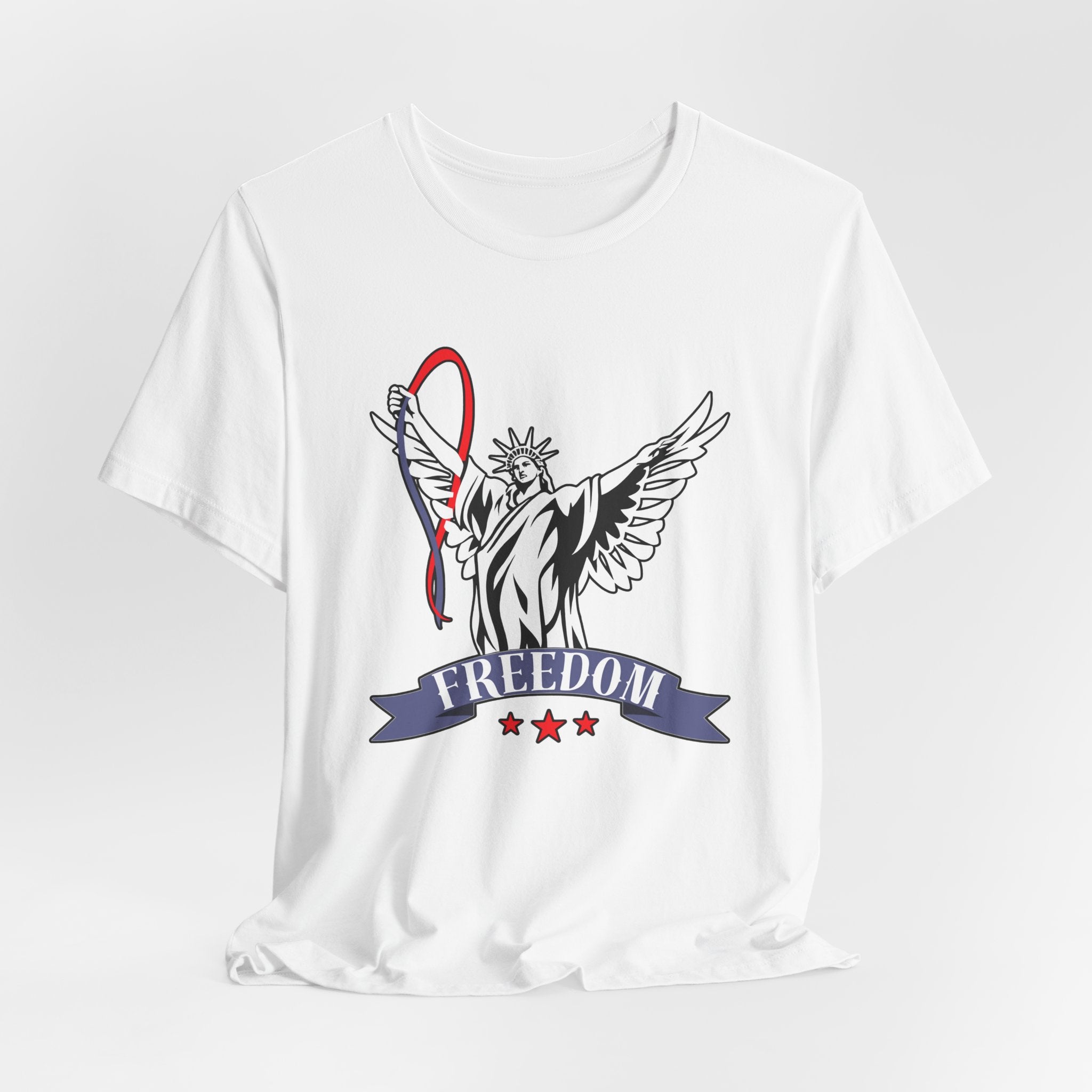 White t-shirt with a graphic design of the Statue of Liberty holding a banner with 'Freedom' on a light gray background.