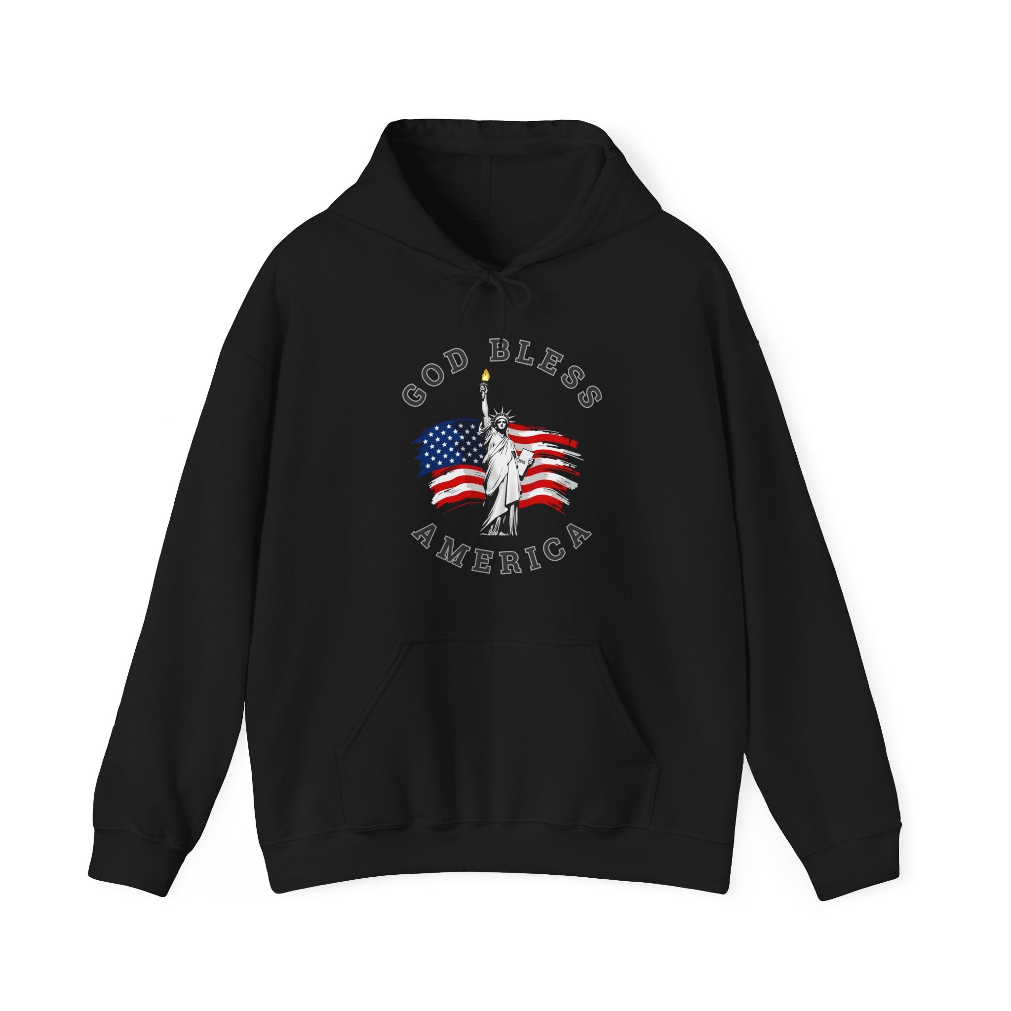Black hoodie with 'God Bless America' and Statue of Liberty graphic on a white background