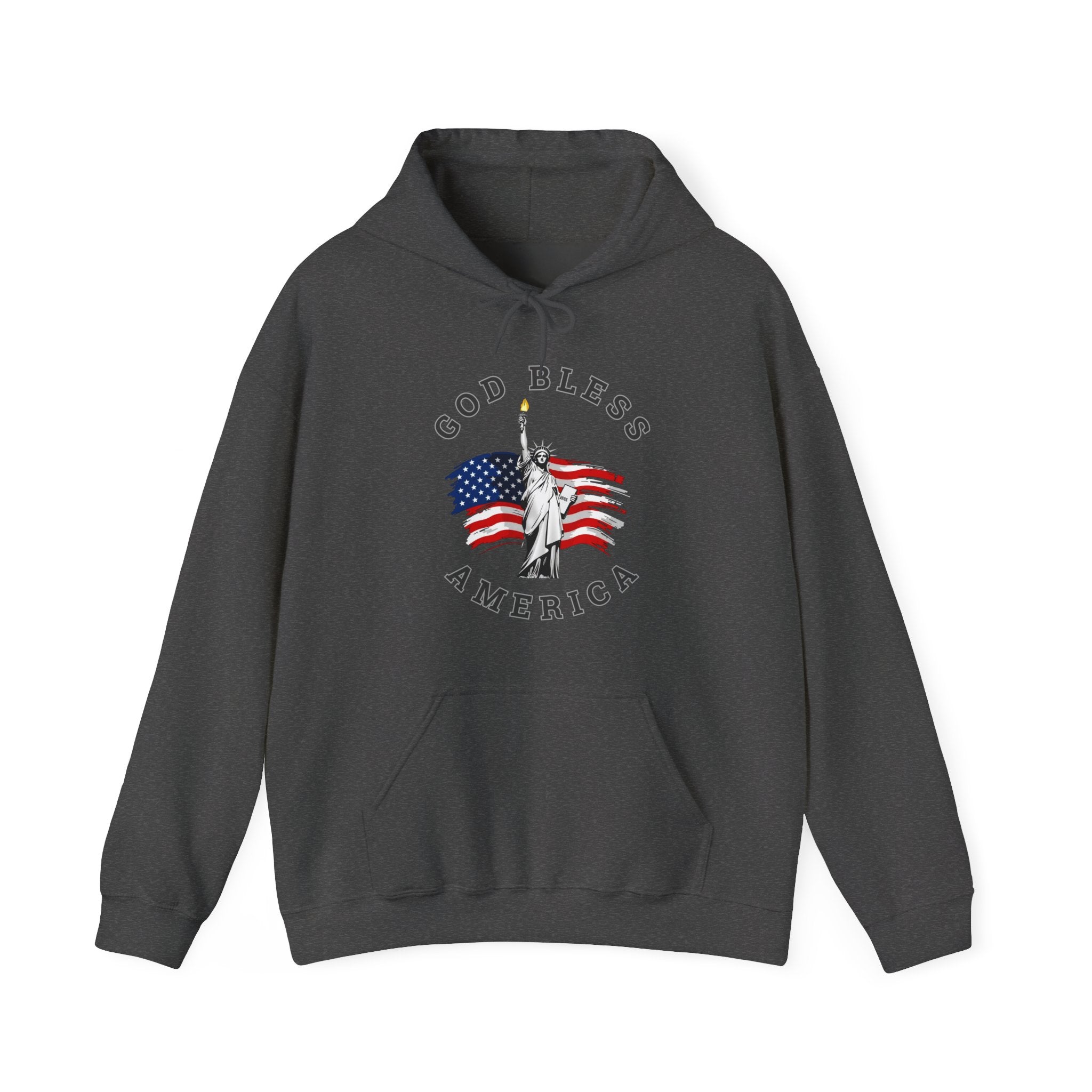 Dark gray hoodie with 'God Bless America' design featuring the Statue of Liberty and American flag on a white background.