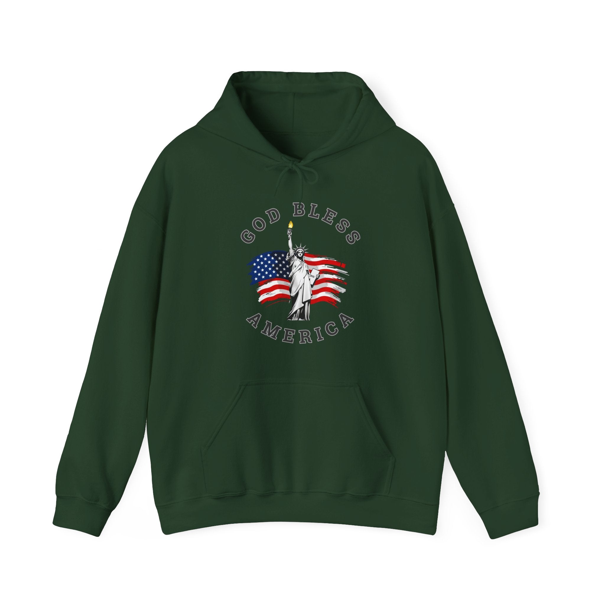 Forest green hoodie with 'God Bless America' design featuring the Statue of Liberty and American flag on a white background.
