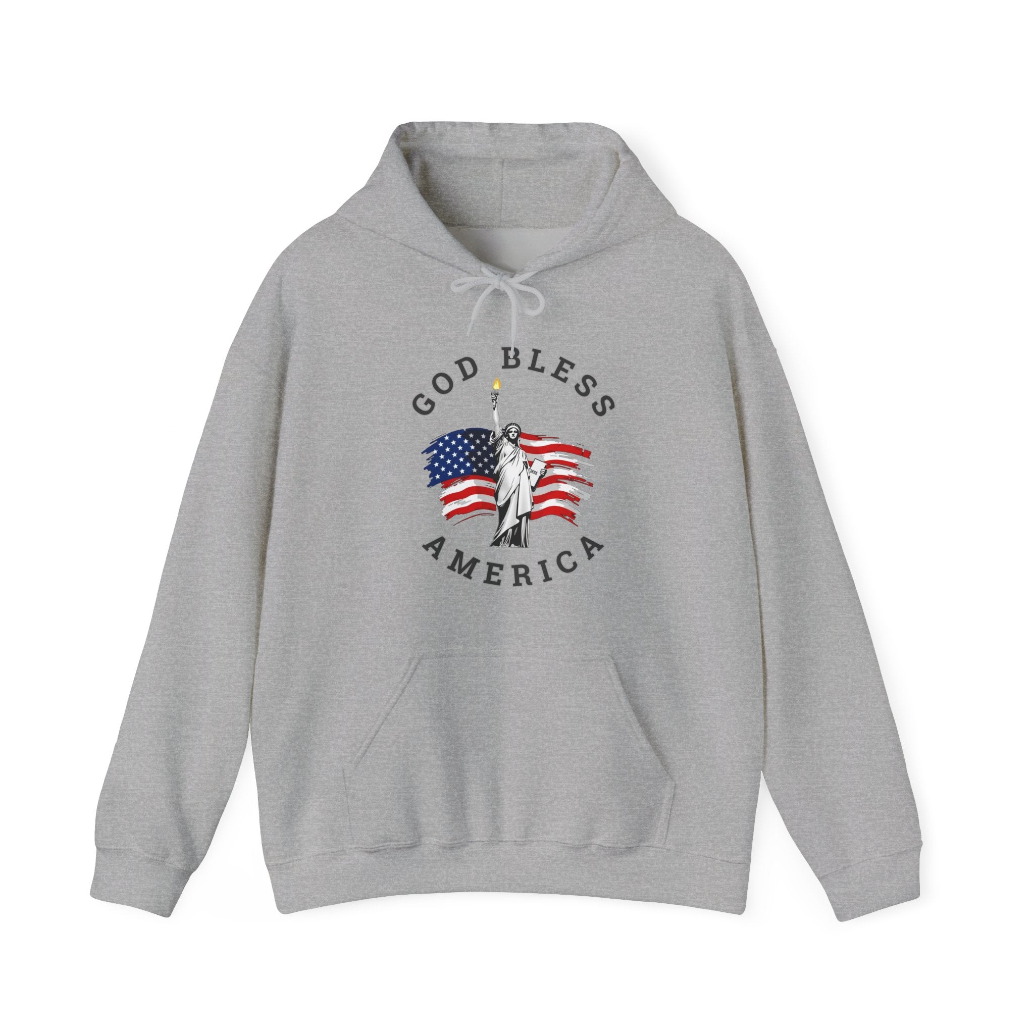 Gray hoodie with 'God Bless America' graphic on a white background