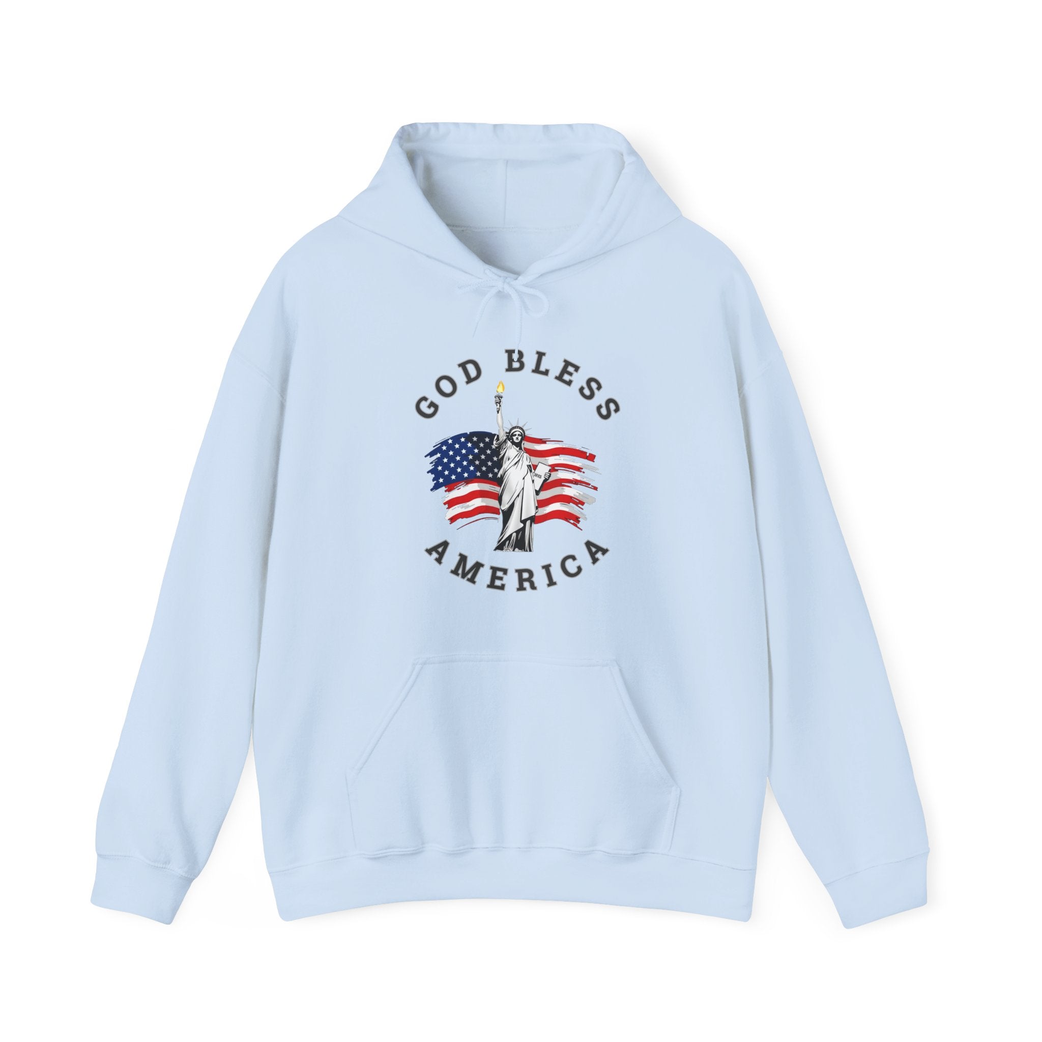 Light blue hoodie with 'God Bless America' graphic on a white background