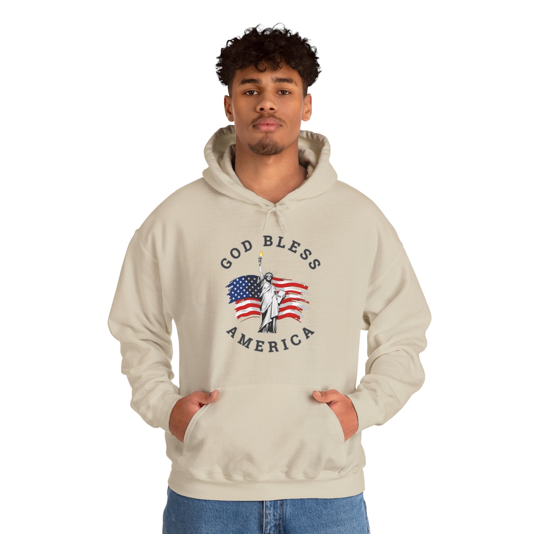 Person wearing a beige hoodie with 'God Bless America' design on a white background