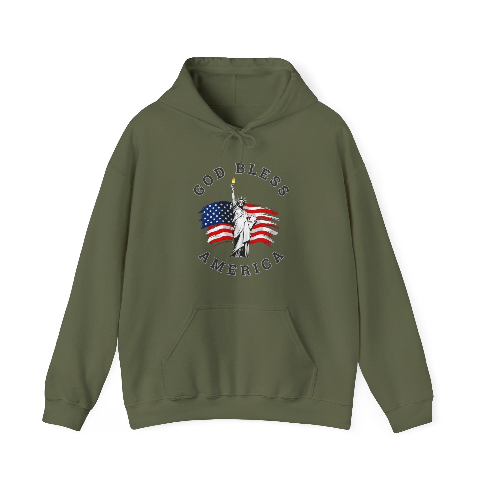 Military green hoodie with 'God Bless America' design featuring the Statue of Liberty and American flag on a white background.