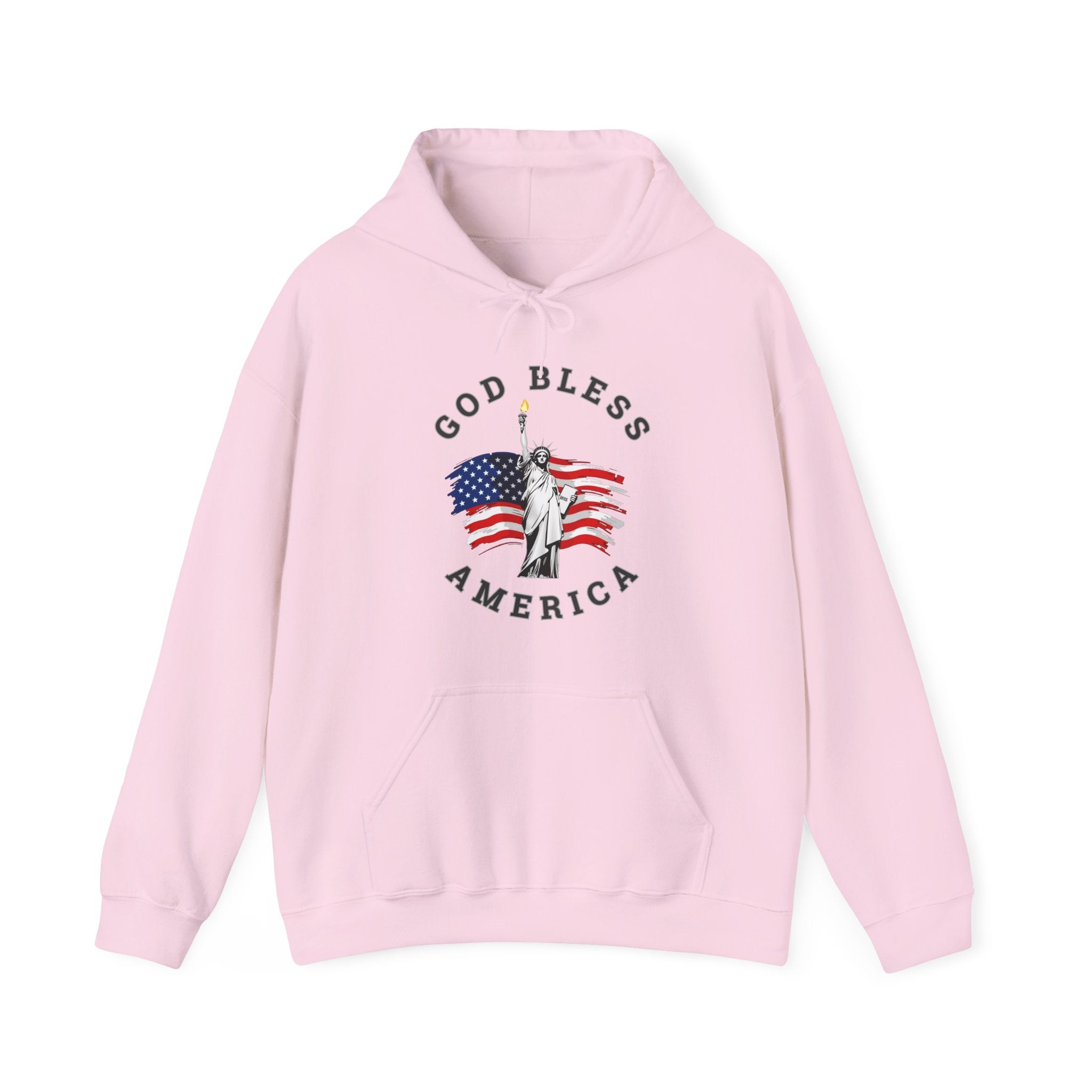 Pink hoodie with 'God Bless America' graphic on a white background