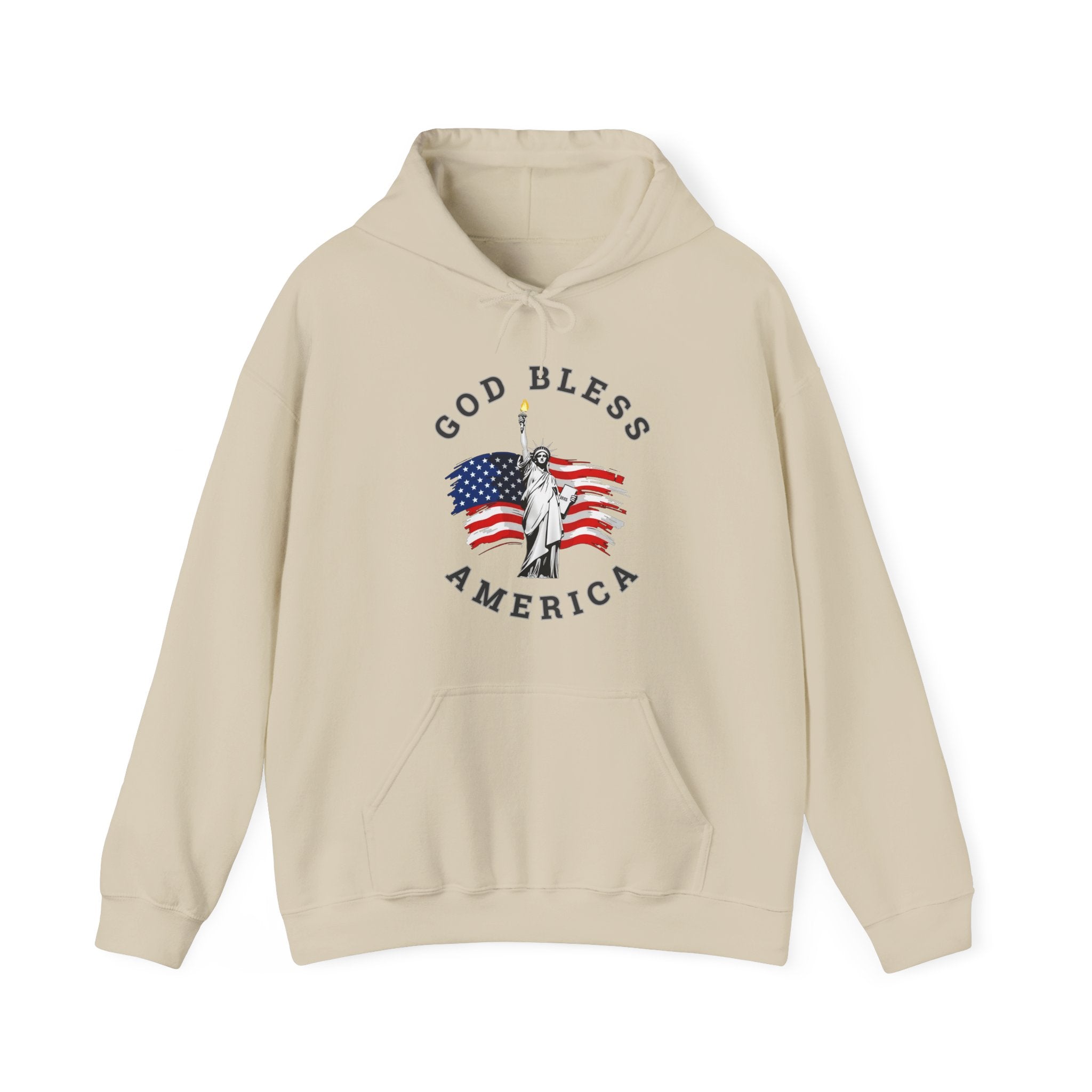 Beige hoodie with 'God Bless America' graphic on a white background