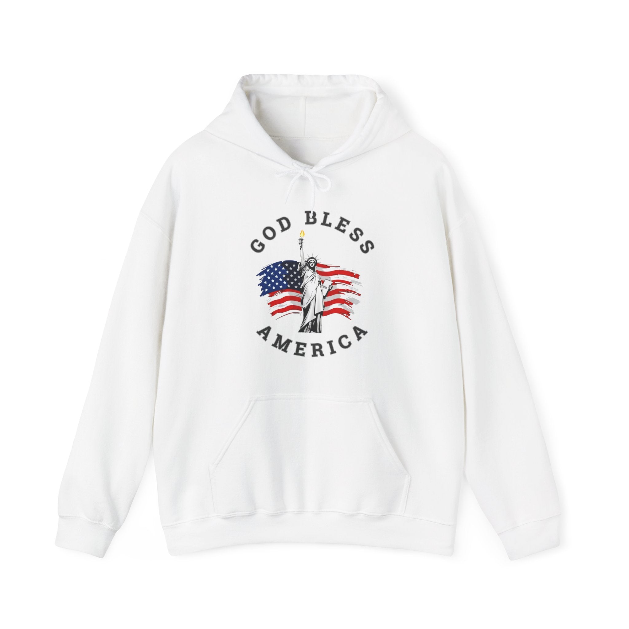 White hoodie with 'God Bless America' graphic on a white background