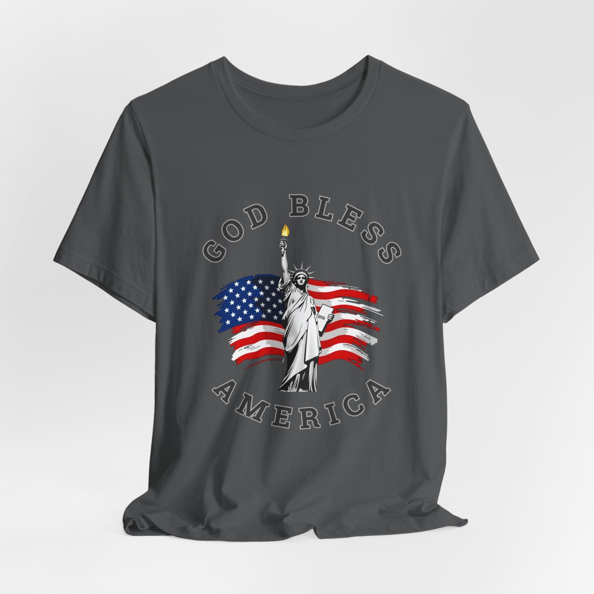 Asphalt gray t-shirt with 'God Bless America' graphic featuring the Statue of Liberty and American flag on a white background.