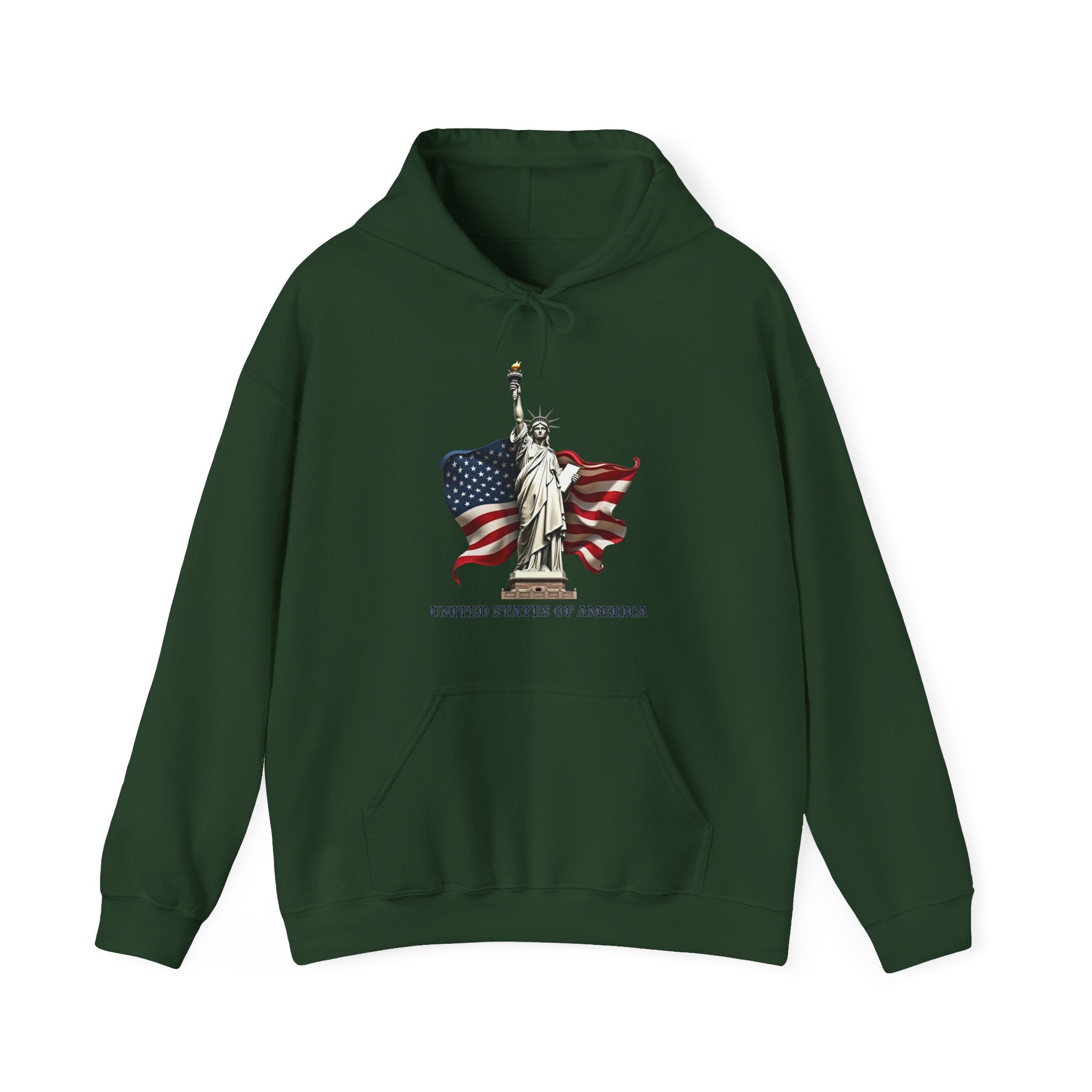 Forest green hoodie with Statue of Liberty and American flag design on a white background