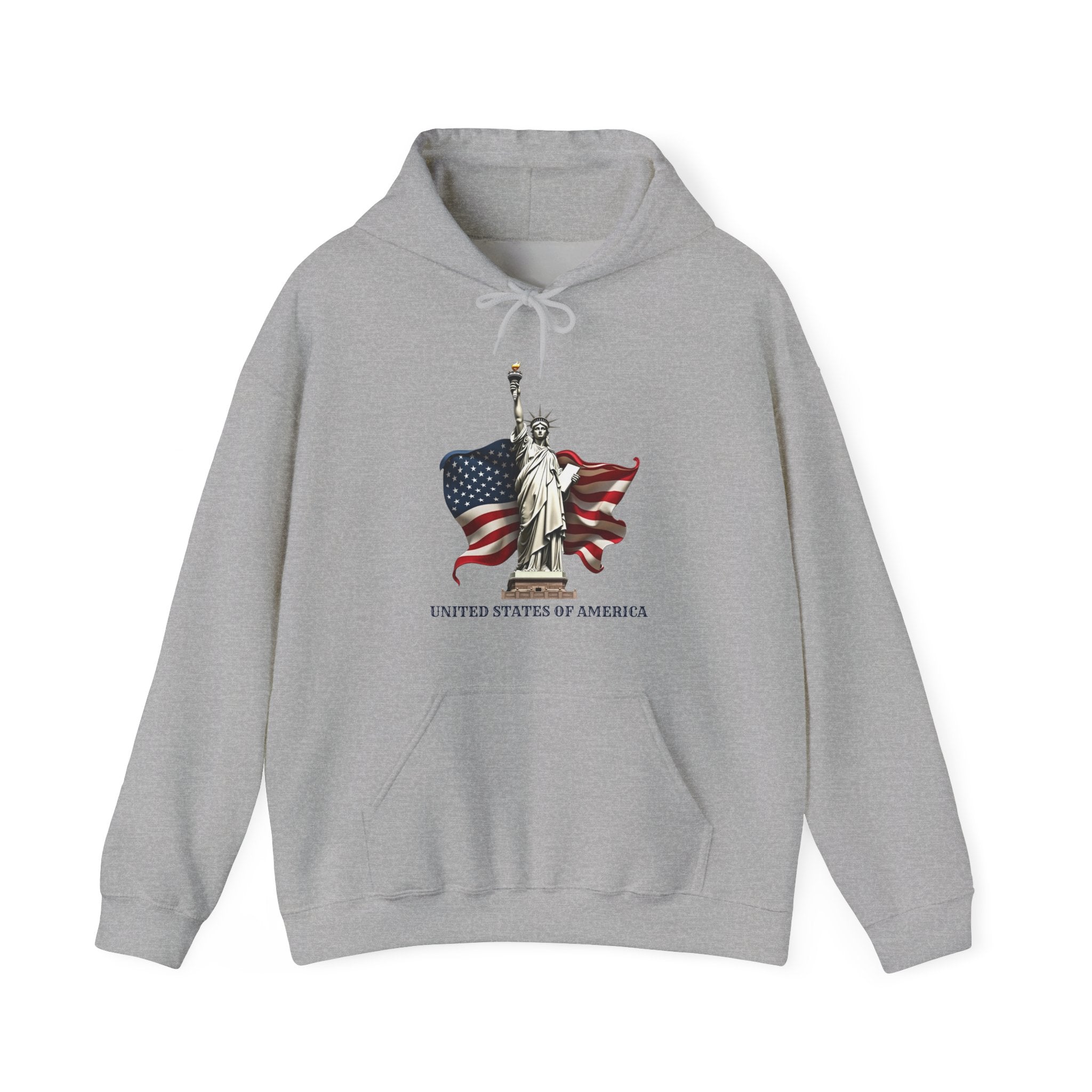 Gray hoodie with Statue of Liberty and American flag design on a white background