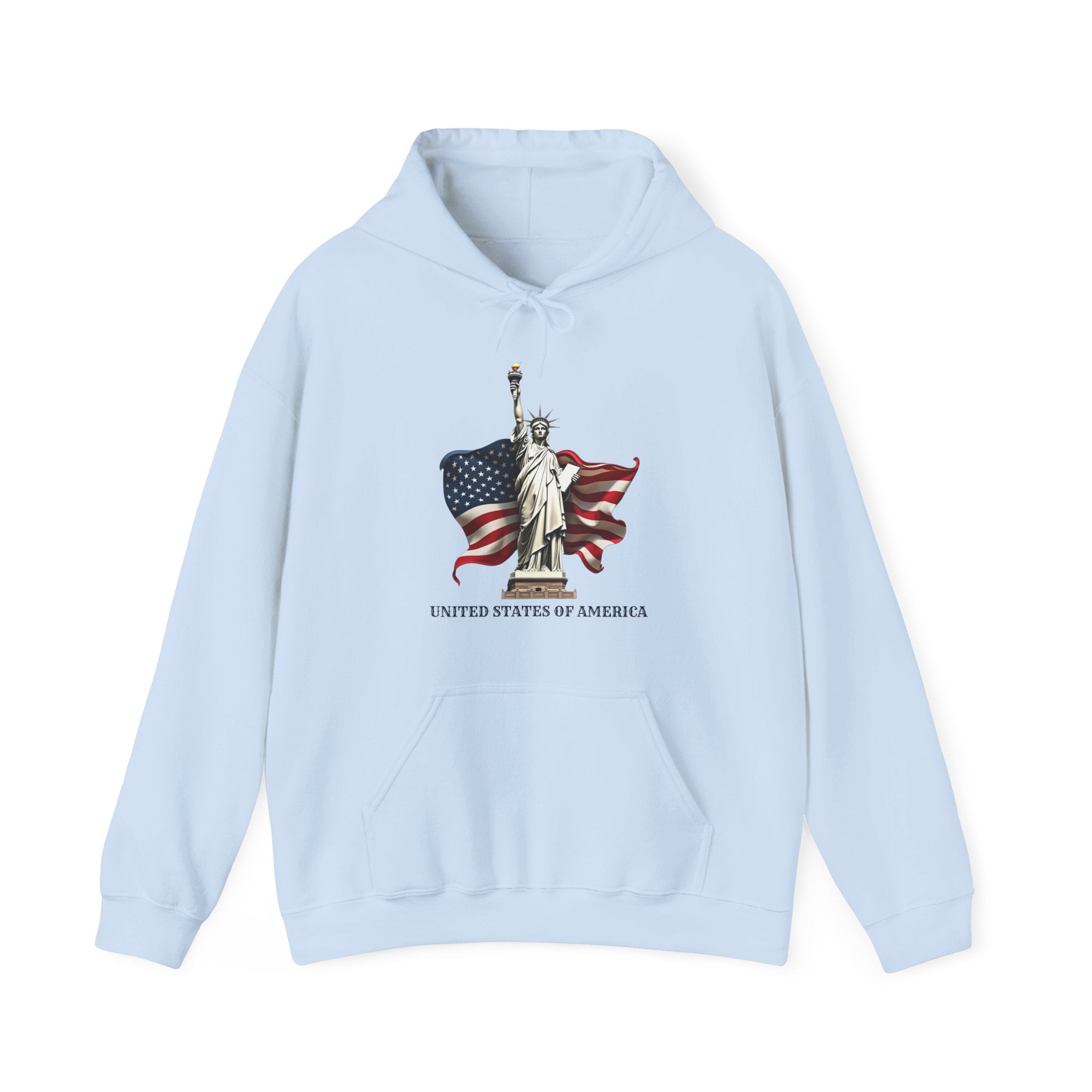 Light Blue hoodie with Statue of Liberty and American flag design on a white background