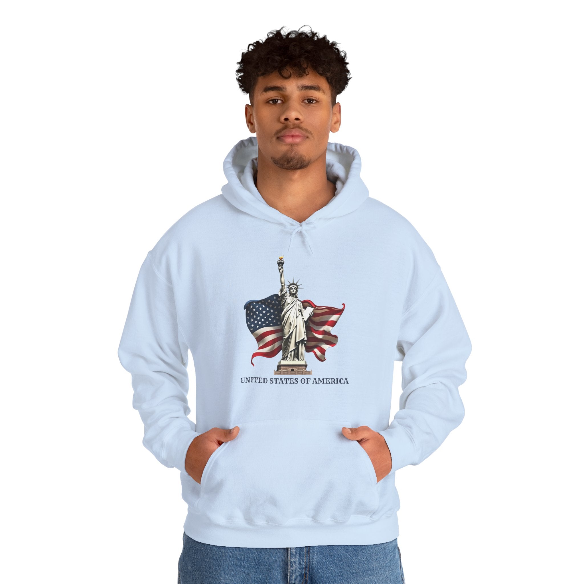 Person wearing a light blue hoodie with a graphic design of the Statue of Liberty and American flag on a white background.