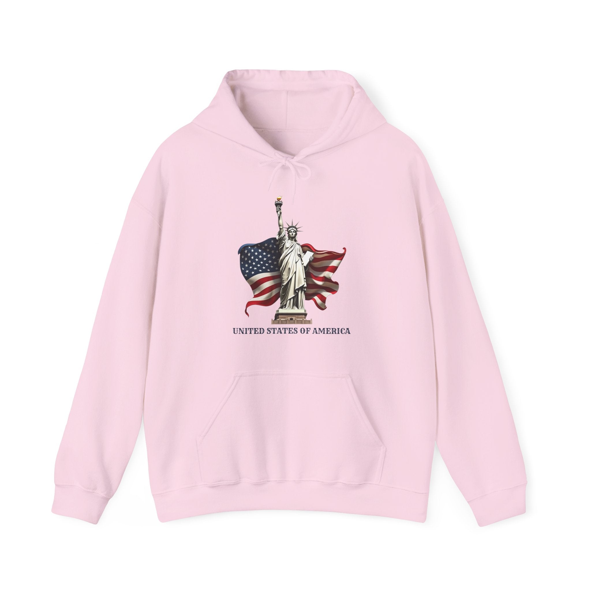 Pink hoodie with Statue of Liberty and American flag design on a white background