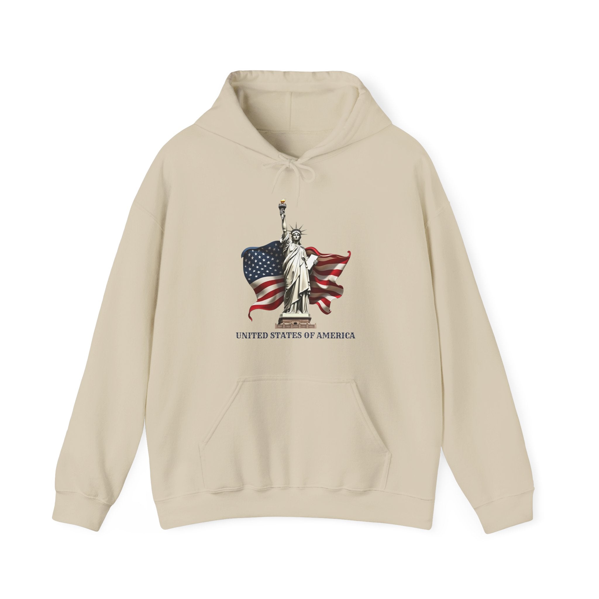 Beige hoodie with Statue of Liberty and American flag design on a white background