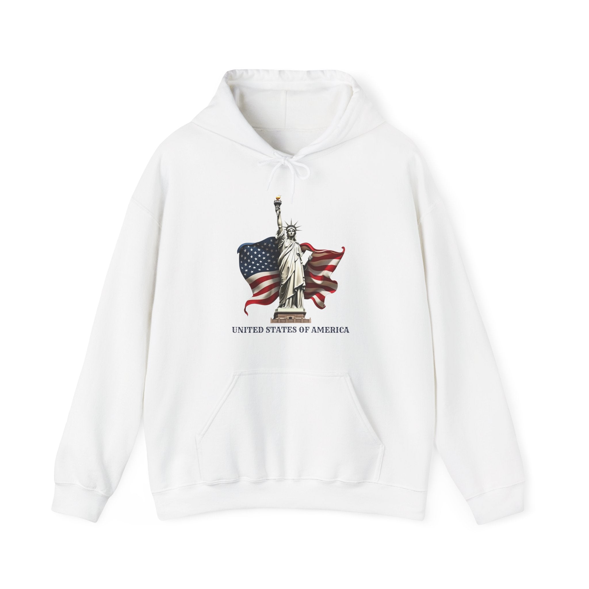 White hoodie with Statue of Liberty and American flag design on a white background