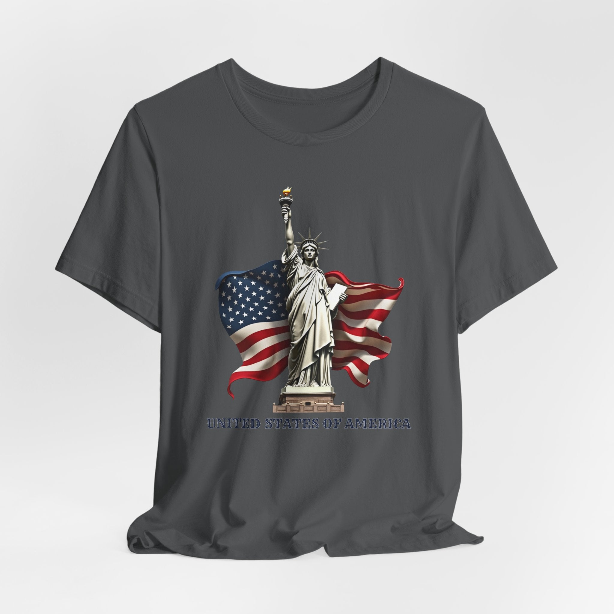Asphalt gray t-shirt with Statue of Liberty and American flag design on a white background